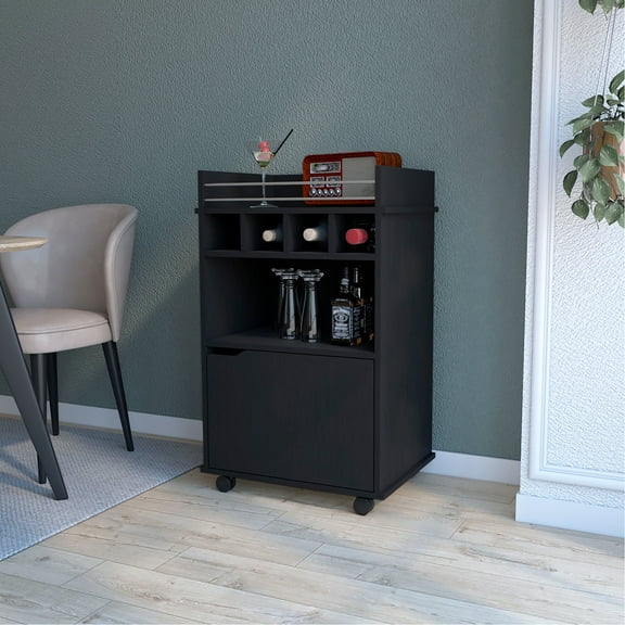 Modern Black Bar Cart With Ample Storage Compartments Wood Convenient Mobility In