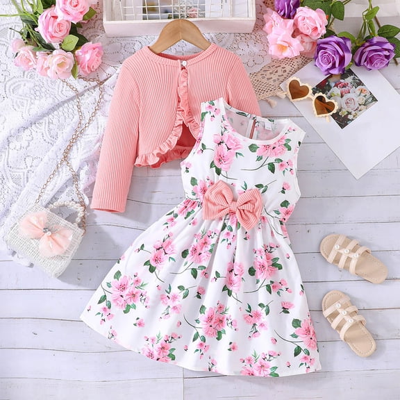 Mifsaly 2 Piece Dress Sets for Girls Floral Sleeveless Princess Dresses with Bowknot and Ribbed Long Sleeve Cardigan Toddler Kids Party Wedding Holiday Sweet Clothes