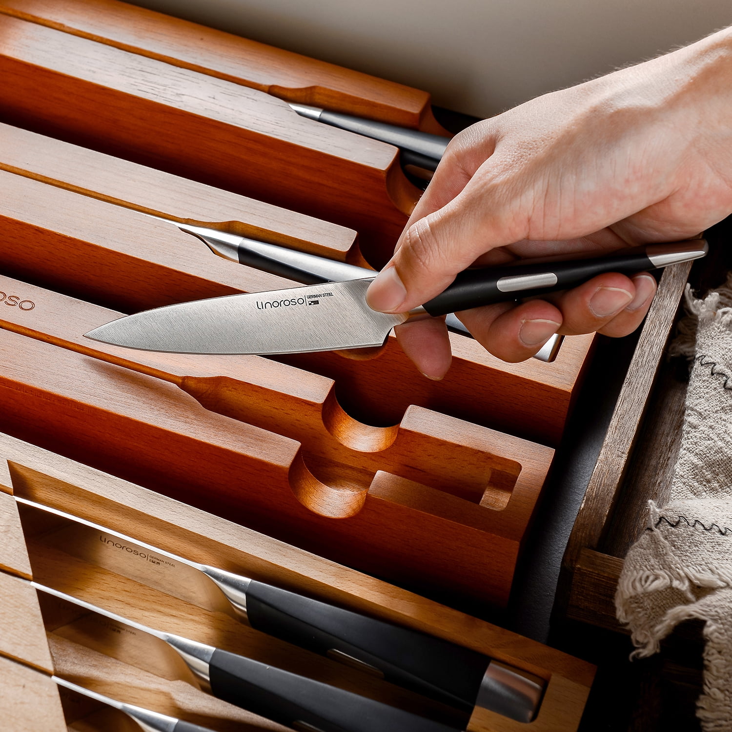 Linoroso 4.5 inch Paring Knife for Kitchen Use, Peeling Knife with In-Drawer Knife Block, High-Carbon Stainless Steel