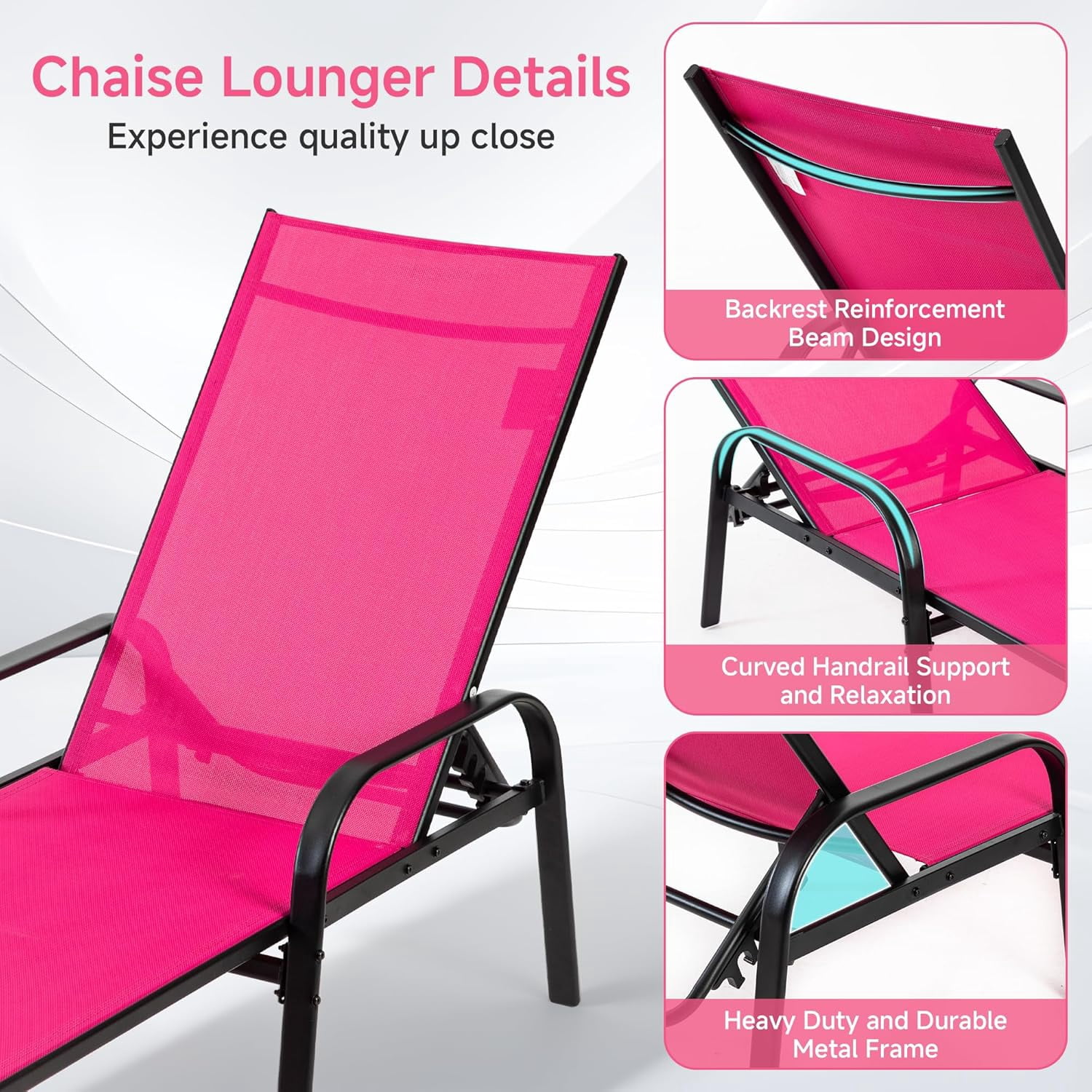 Simenmax Outdoor Folding Lounge Chair - Portable Recliner with Adjustable Backrest, 300lb Capacity, Stackable Design for Patio, Lawn, Beach - Dark Pink