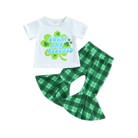 

Musuos Baby Girl St. Patricks Day Outfits Car Letter Print T-Shirt Tops Bell Bottom Pants