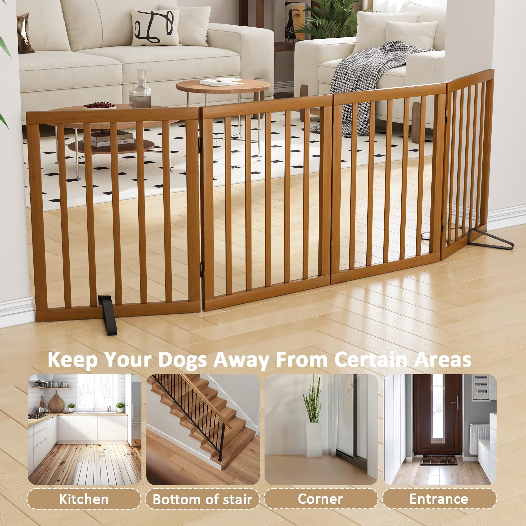 Smart FENDEE Bamboo Dog Gate Freestanding Pet Gate with 2 Support Feet for Doorways,Walnut,24"H,4 Panel