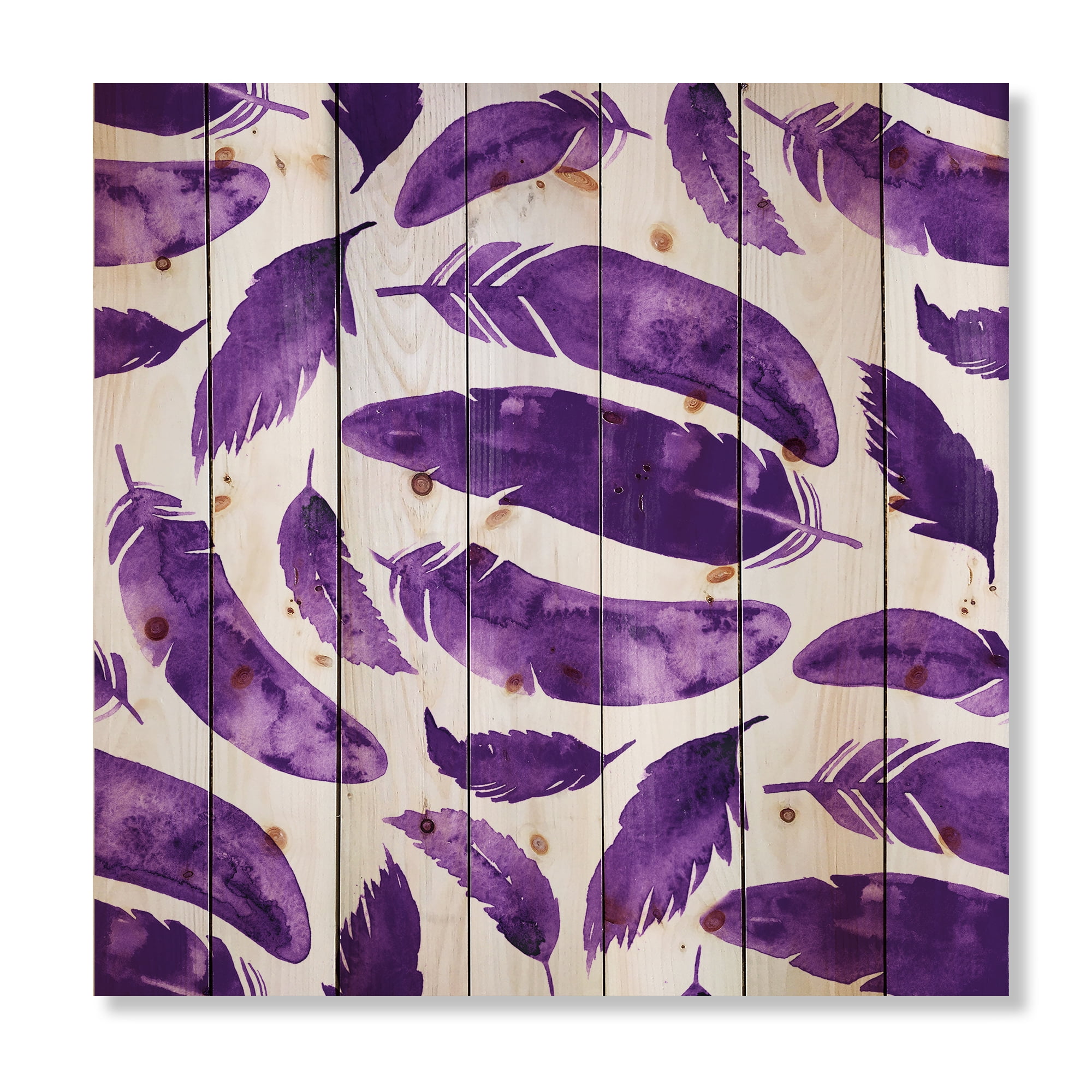 Designart 'Ethnic VIolet Feathers On White' Bohemian & Eclectic Print on Natural Pine Wood