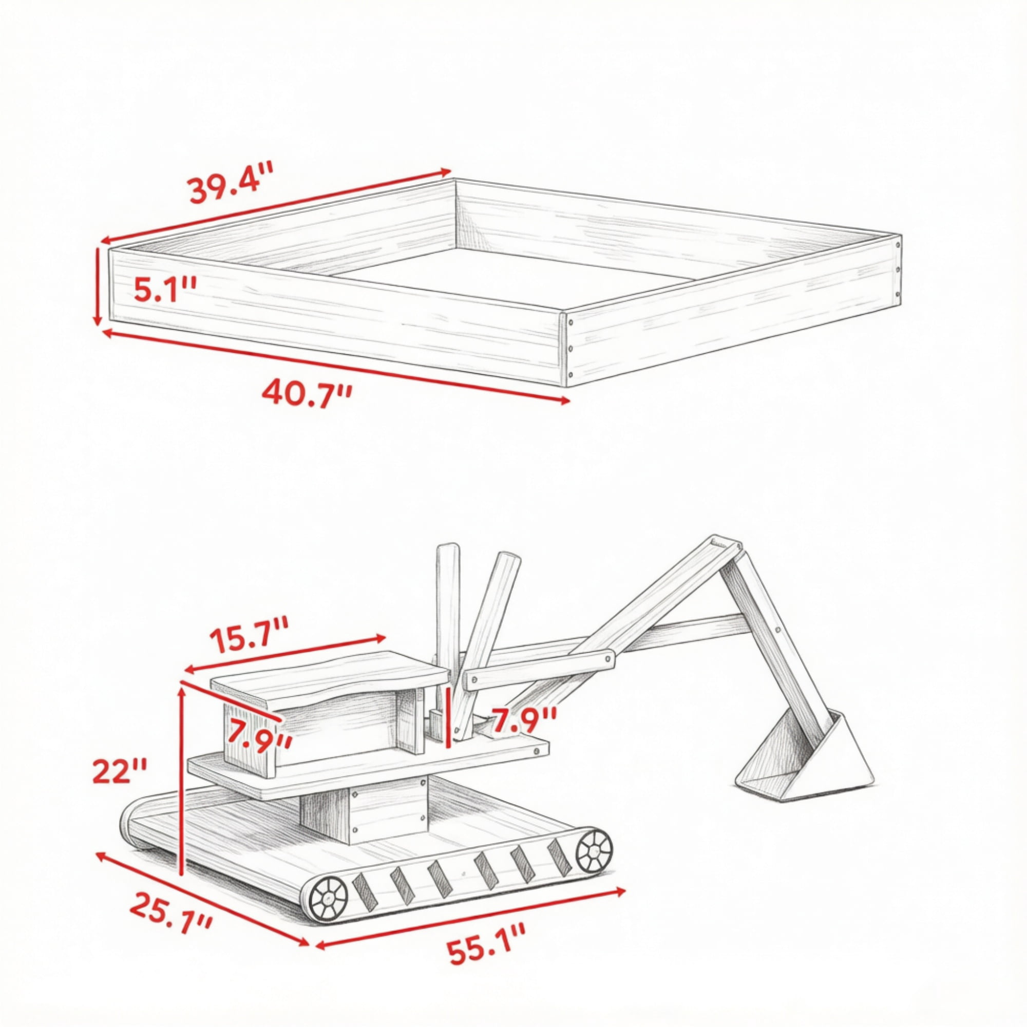 Kids Wooden Sandbox with Digger And 360° Rotating Seat Bottom Liner Included 72" x 35" x 22"
