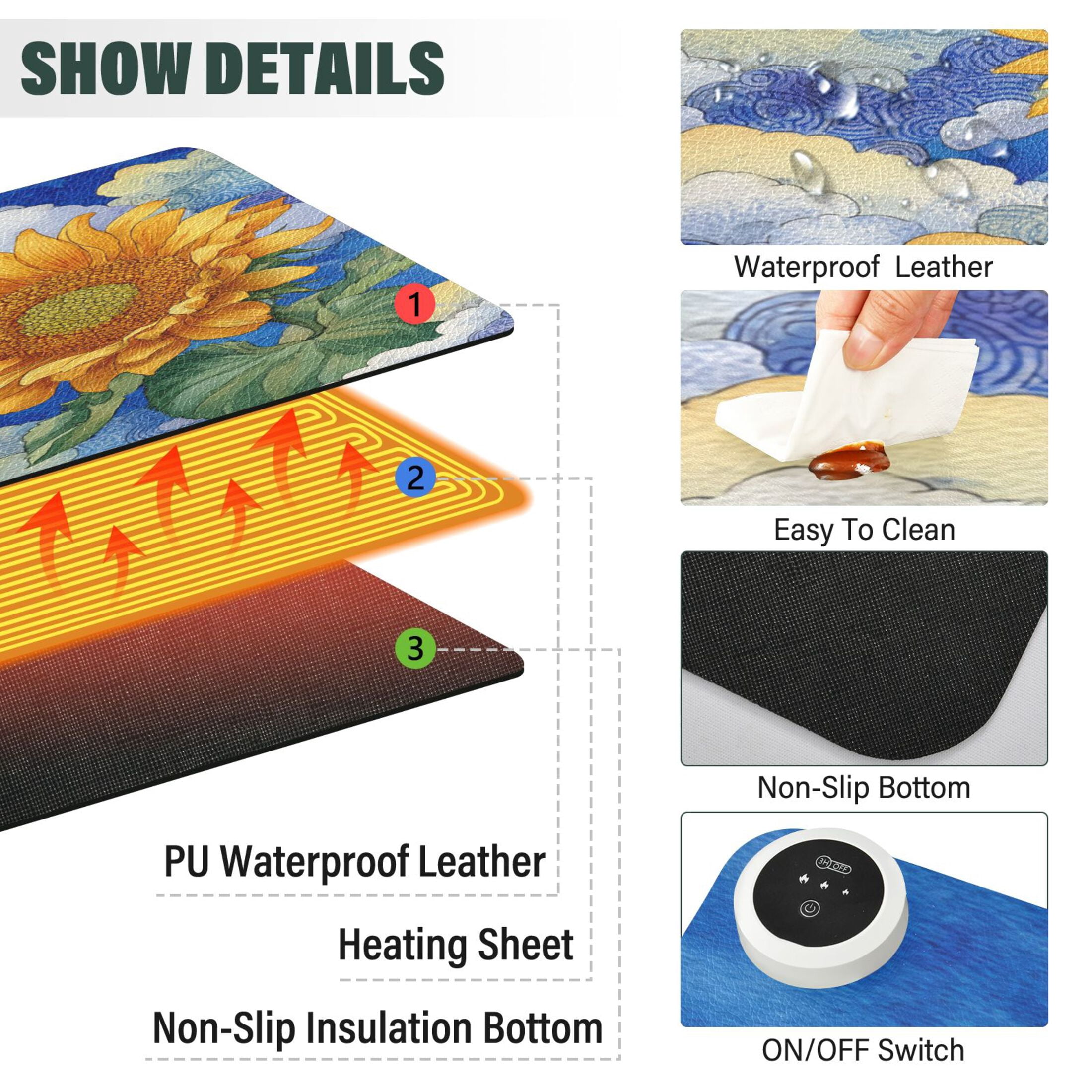 Large Heated Desk Mat Mouse Pad 31.5"x13"PU Leather Graphene Heating Desk Warmer with 3 Temperature Settings 110V US Plug Non-Slip Warm Pad for Home, Office, and Gaming Beautiful Sunflower in The Sky