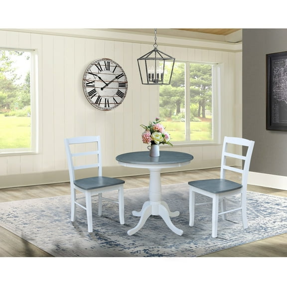 International Concepts 30" Round Solid Wood Pedestal Dining Table with 2 Madrid Ladder Back Chairs in White/Heather Gray