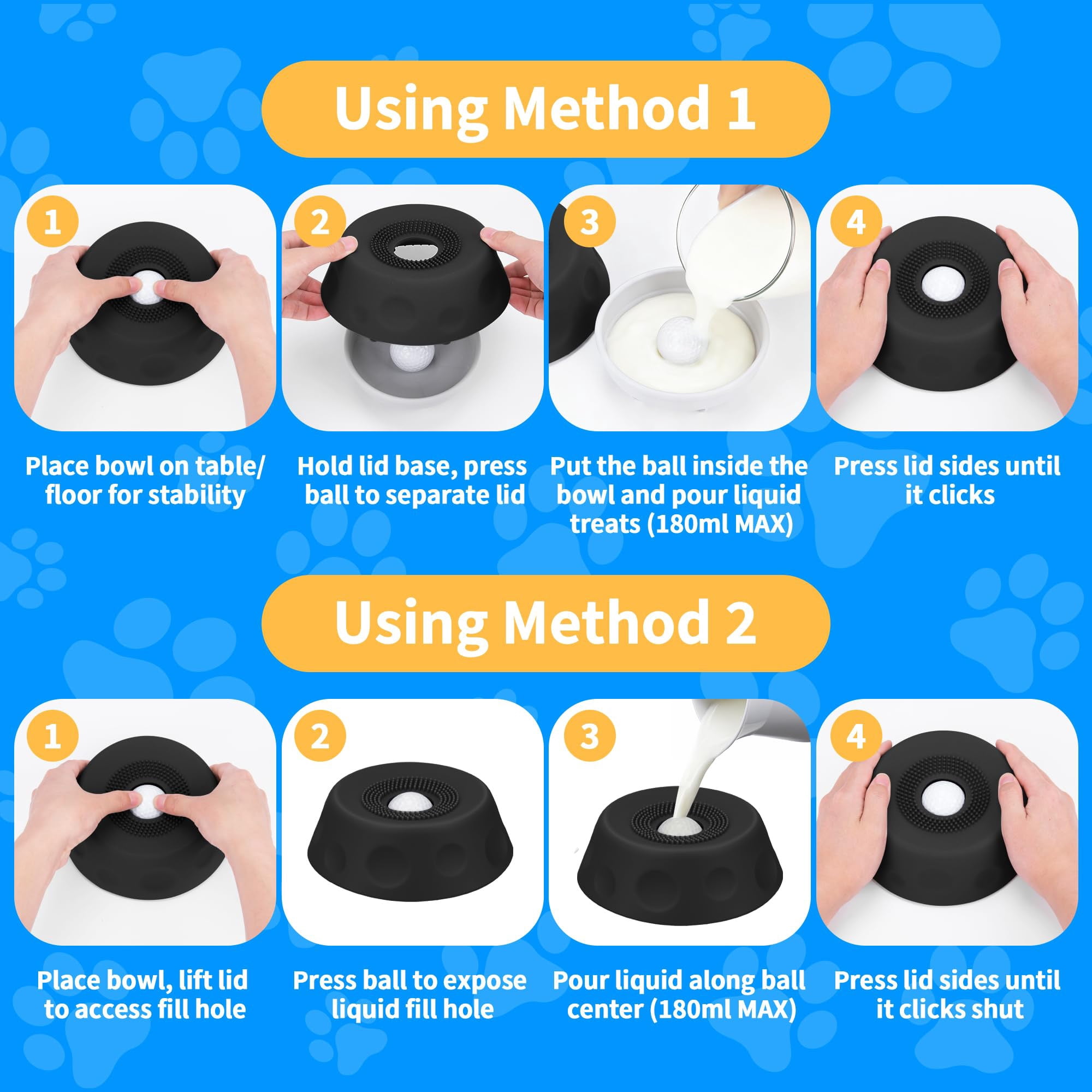 Slow Feeder Dog Licking Bowl with Rolling Ball, Interactie Lick Mat for Dogs and Cats, Slip Pet Bowl for Yogurt Bone Broth Liquid Treats, Mental Stimulation Toy for Large Medium Small Pets, Black