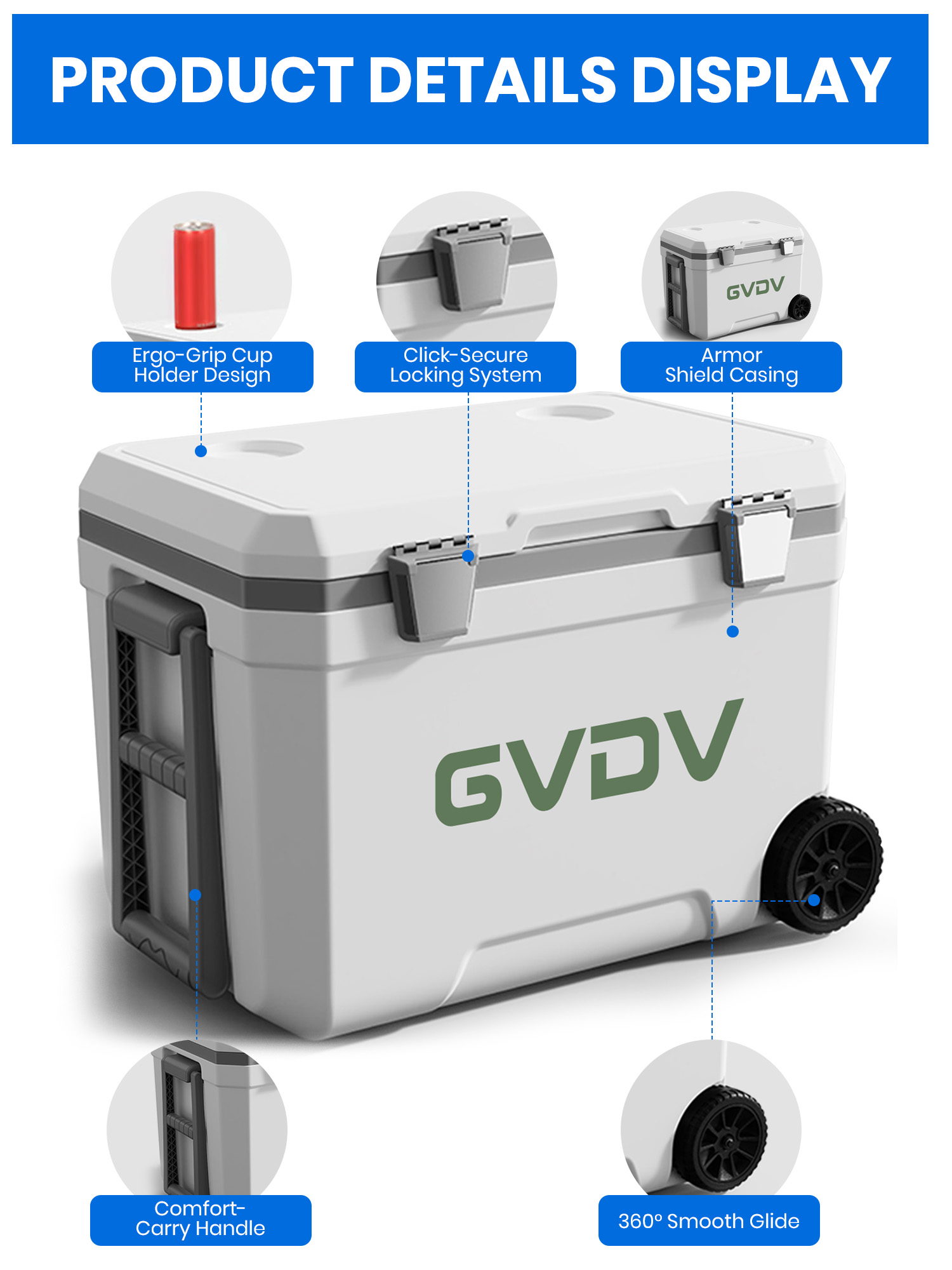 GVDV 45 Qt Rolling Coolers with Wheels, Lightweight Hard Chest，White