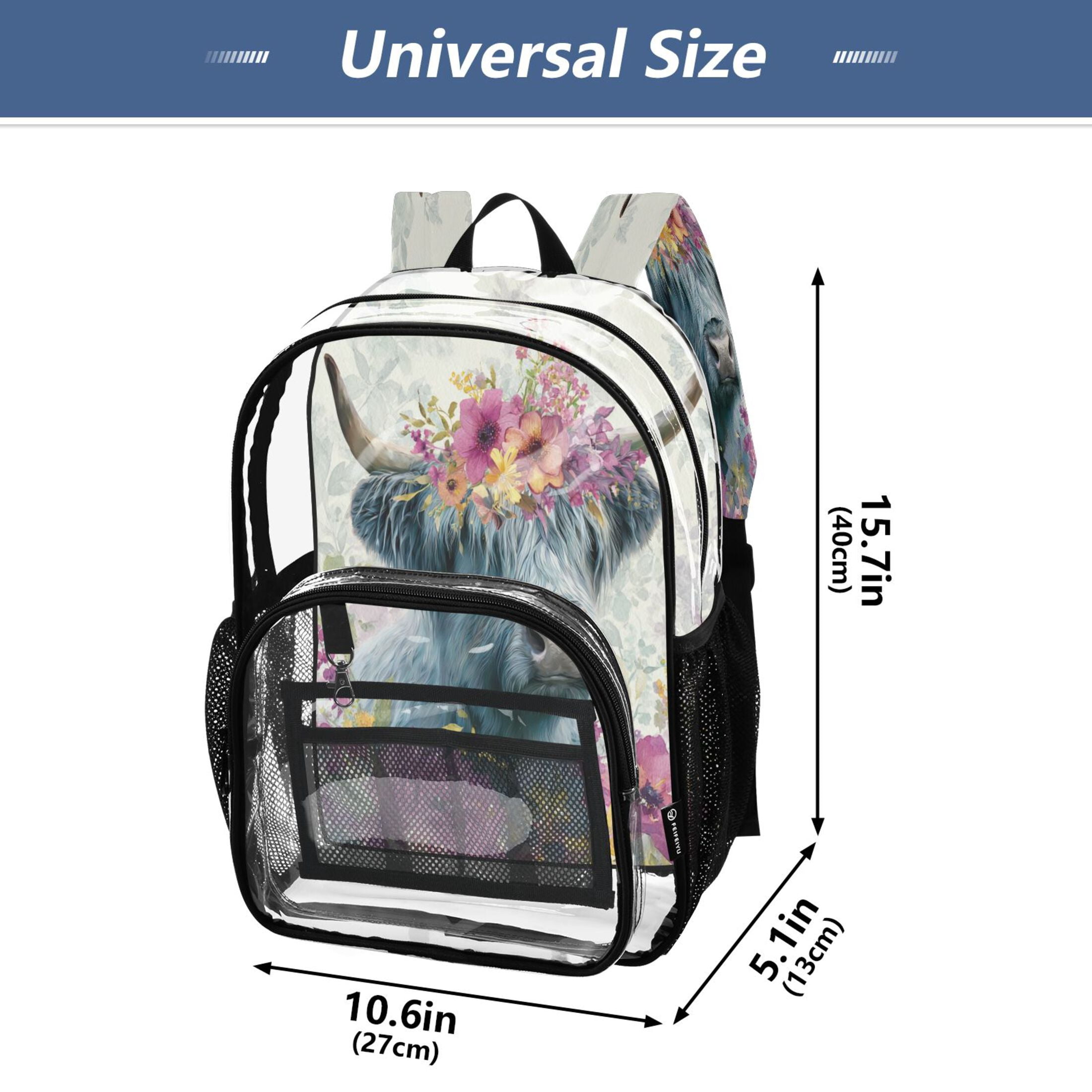 PVC Transparent Backpacks Clear Backpack for Travel and Outings Highland Cow with Wildflowers