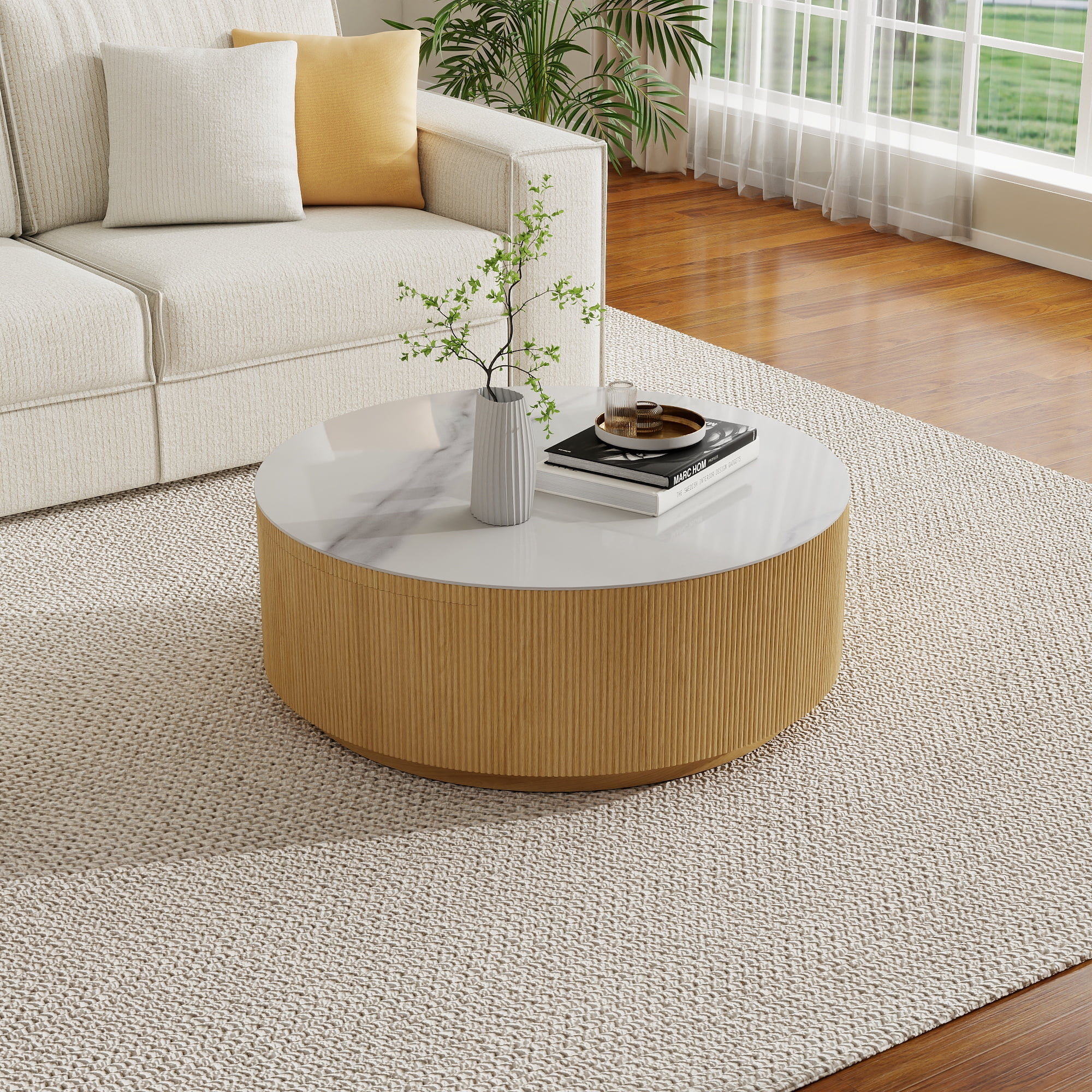 Magic Home Modern Round Coffee Table with Two Drawers,Circle Coffee Table Space-Saving Multiple Purpose for Living Room,dining room and home office,Wood color
