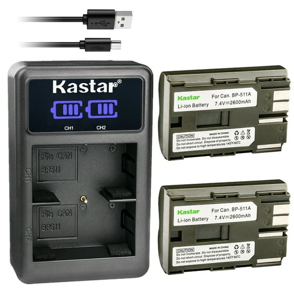 Kastar 2-Pack BP-511A Battery and LED2 USB Charger Compatible with Canon DM-MV550 MV550 MV550i, DM-MV590 MV590, DM-MV600 MV600 MV600i, DM-MV630i MV630i, DM-MV650i MV650i, DM-MV690 MV690 Camera