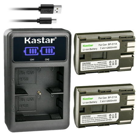 Kastar 2-Pack BP-511A Battery and LED2 USB Charger Compatible with Canon IXY DVM  DM-MVX1i MVX1i  DM-MVX2i MVX2i  DM-MVX3i MVX3i  DM-MVX100i MVX100i  DM-MVX150i MVX150i  DM-MVXLi MVXLi Camera