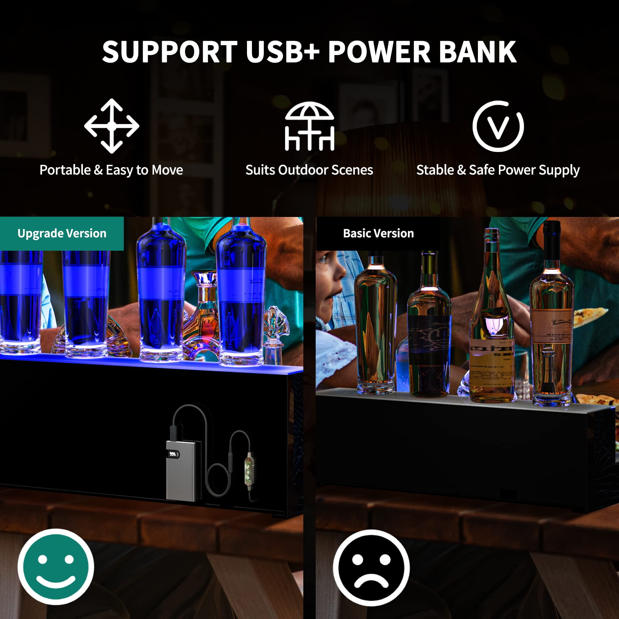 Dextrus LED Lighted Liquor Bottle Display Shelf Supports USB & Power Bank, 2-Step 48-inch Bar Liquor Alcohol Shelf for Home Counter Party, Acrylic Mounted Whiskey Rack Stand with Remote & App Control