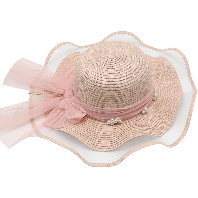 Sombrero de 56-58cm de circunferencia, sombrero de sol ondulado de malla para mujer, cinta de perlas para exteriores, sombrero de playa, sombrero para el sol con protección solar