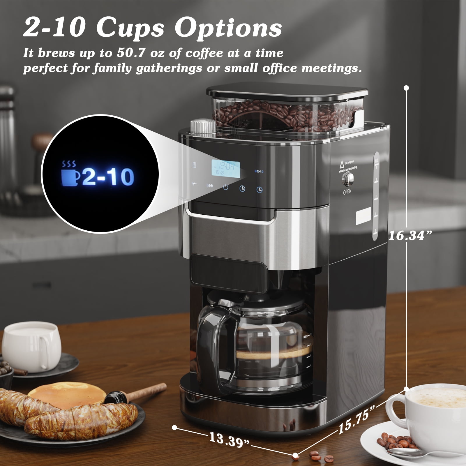Auseo 10-Cup Drip Coffee Maker with Grinder, Grind and Brew Coffee Maker, 12-Hour Timer, 3 Brew Strength Options, Touch Screen, 1.5L Water Tank, Black