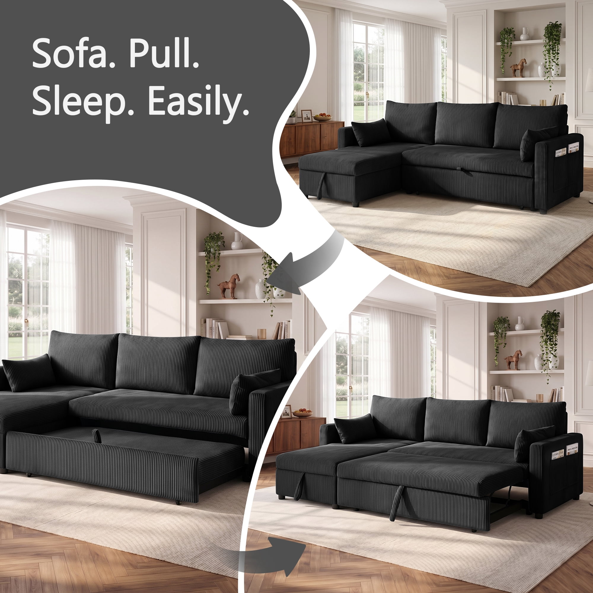 Xiweot Convertible Sectional Sleeper Sofa Bed, 85" L Shaped Couch with Pull Out Bed, Side Pockets & Storage Chaise, Corduroy 3 Seater Sectional Couch for Living Room Apartment (Black)