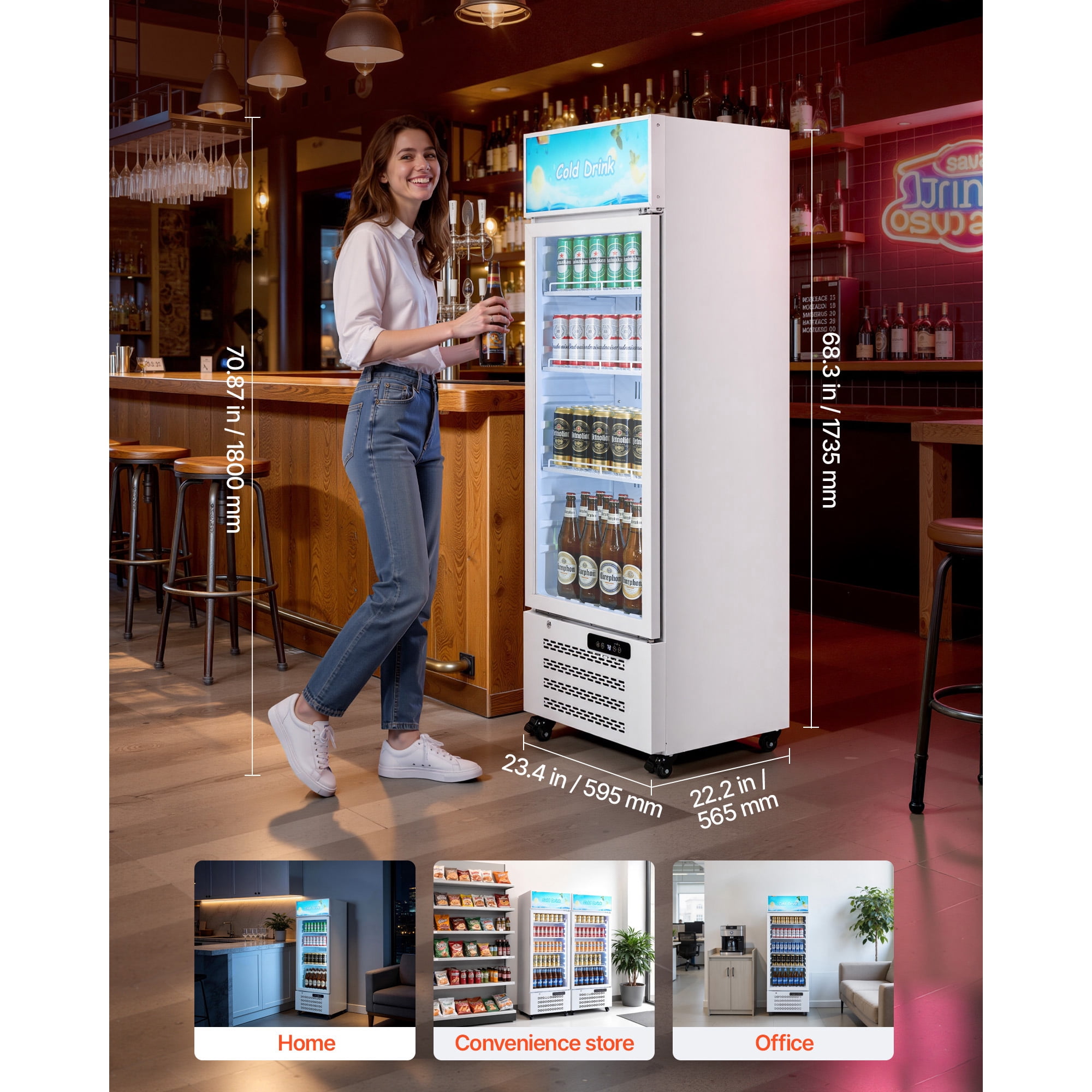 KFFKFF Commercial Glass Door Refrigerator, 9.6 Cu.Ft / 273 L Upright Beverage Cooler with Adjustable Shelves, LED Lighting, and Customizable Lightbox for Home or Business Use