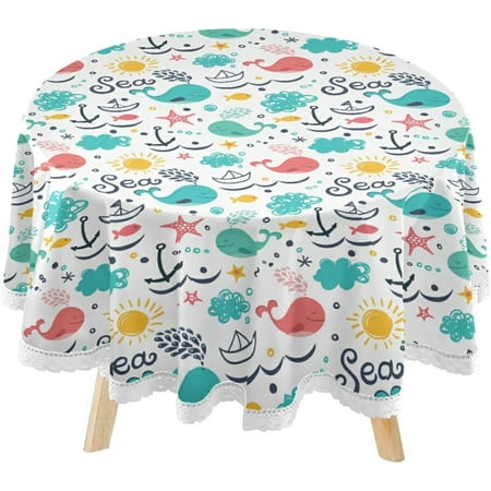 

Hyjoy Whales Anchor Summer Round Tablecloth 60inch Indoor Wrinkle Free Starfish Starfish Pattern Circular Lace Table Cover Washable for Kitchen Party BBQ Dining Decor