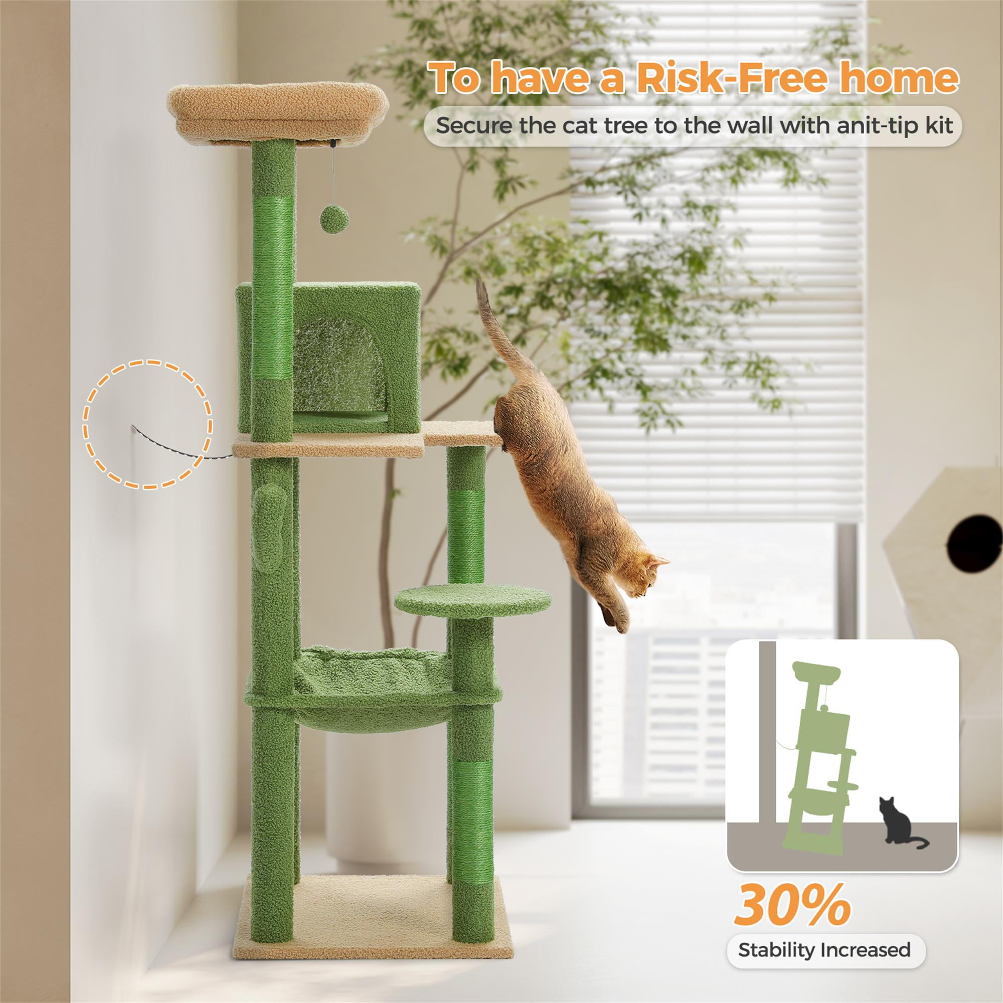 Kadyn 56" Wood Cat Tree Tower for Large Cats, Cat Tree House for Indoor Cats with Cozy Cat Condo, Super Large Hammock and Plush Perches, Dark Gray