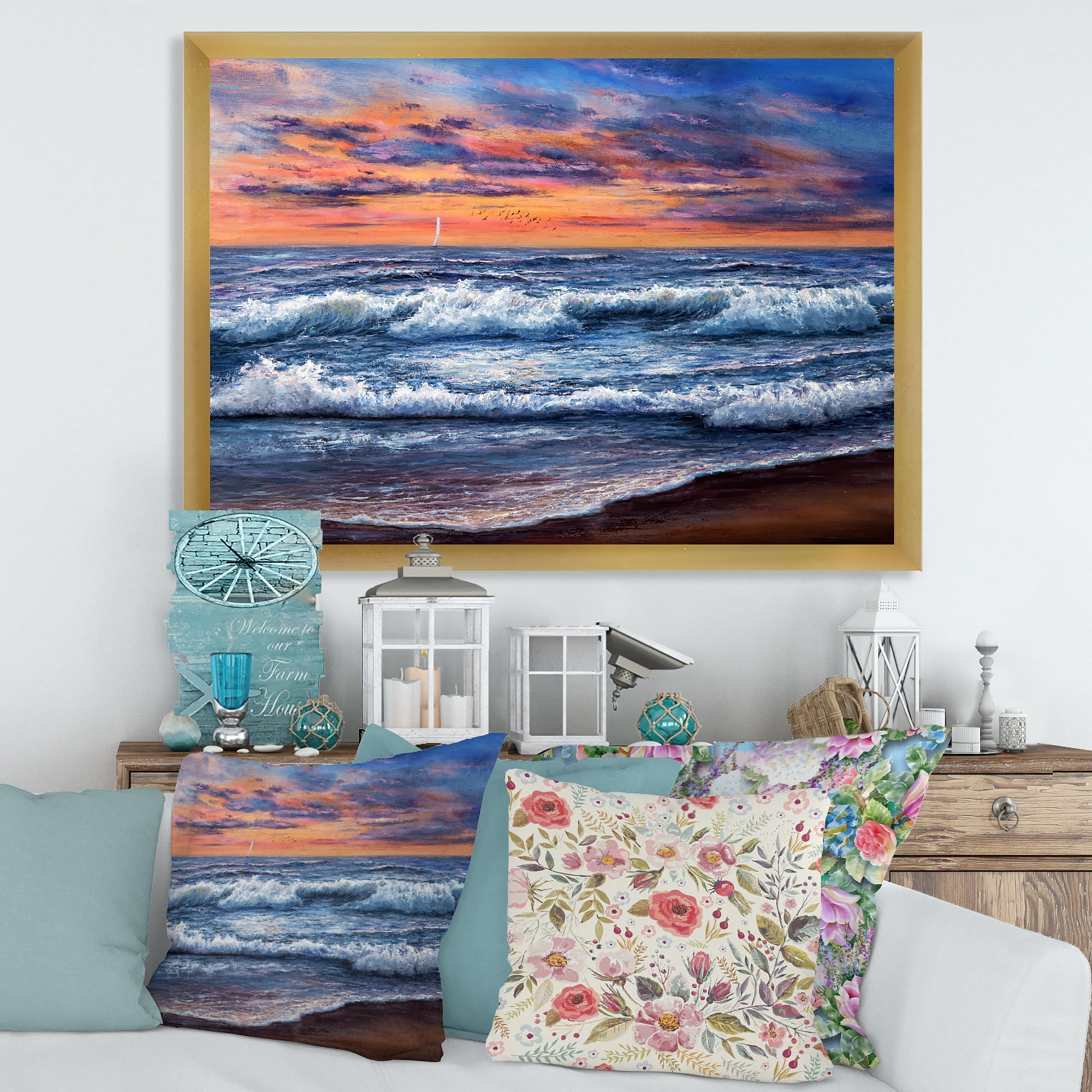 Designart 'The Blue Ocean In Sunset Evening II' Nautical & Coastal Framed Art Print