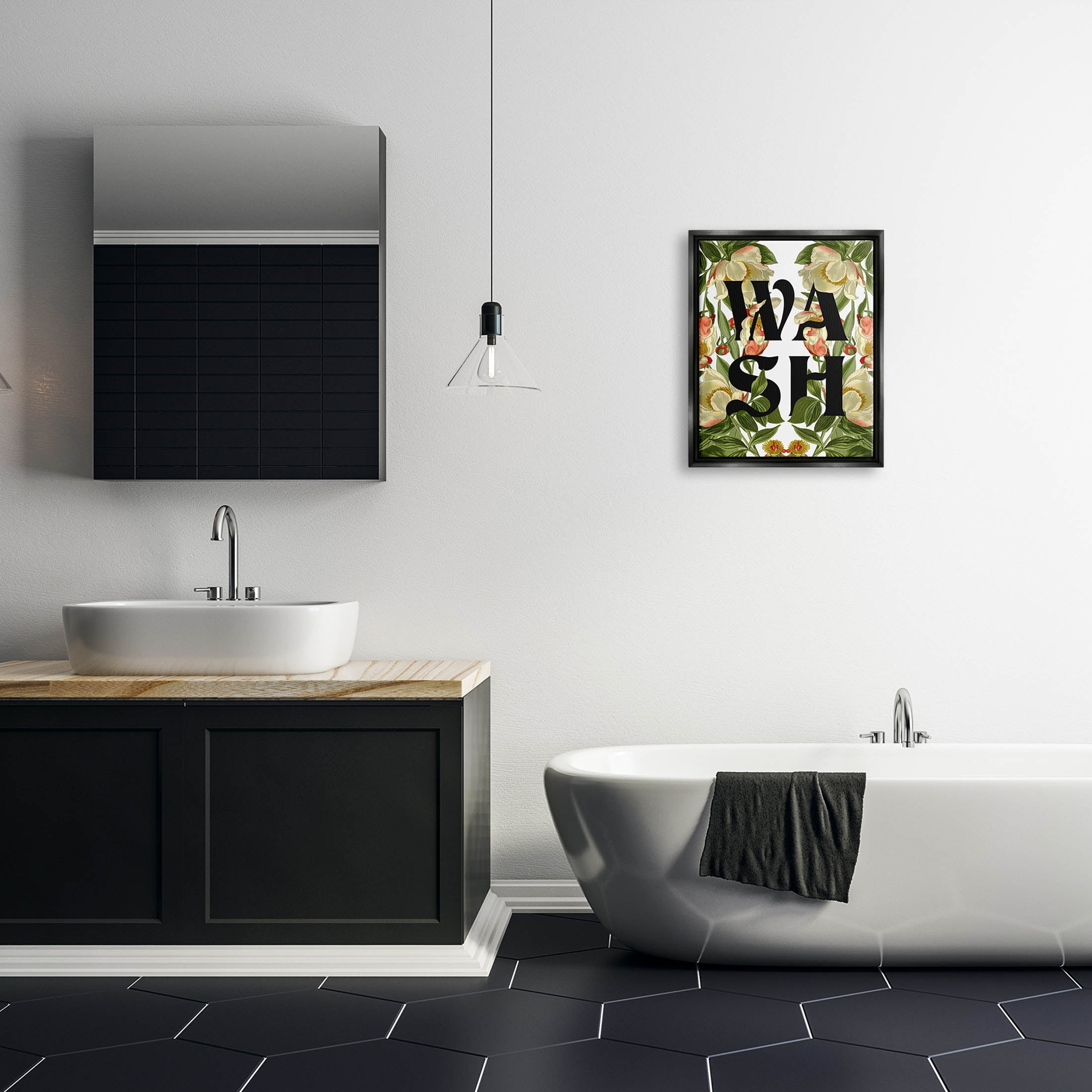 Wash Flower Blossom Bath Sign Botanical & Floral Graphic Art Jet Black Framed Art Print Wall Art