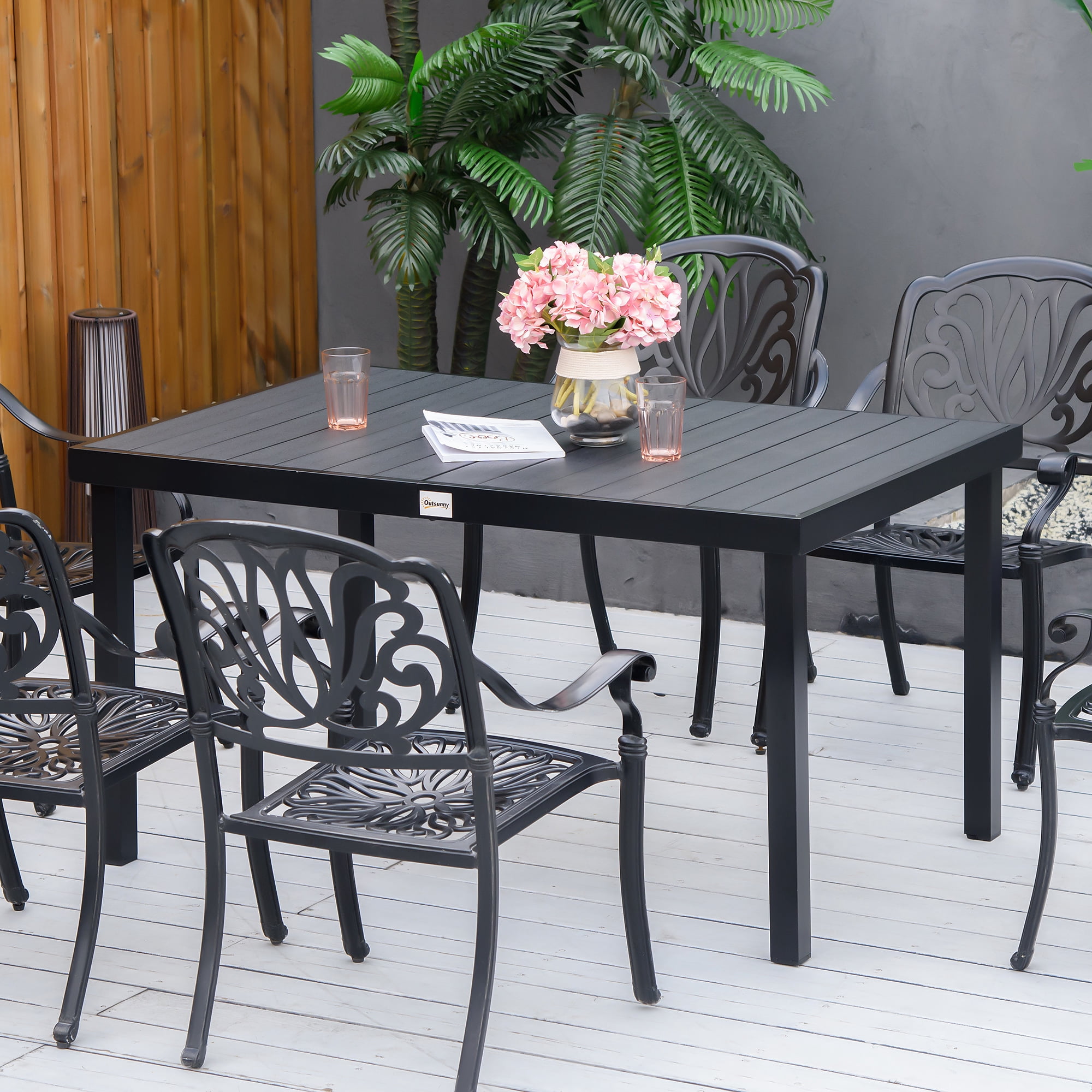 Outdoor Dining Table for 6 Person, Rectangular Patio Table, Aluminum Metal Legs for Garden, Lawn, Patio, Woodgrain Black