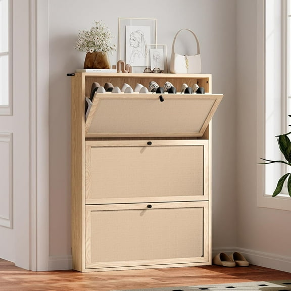 AVZEAR Narrow Shoe Storage Cabinet for Entryway with 3 Flip Drawers, Freestanding Slim Shoe Cabinet with Linen Panel, Wood Shoe Organizer Closed Shoe Rack for Hallway, Foyer, Living Room(Natural)