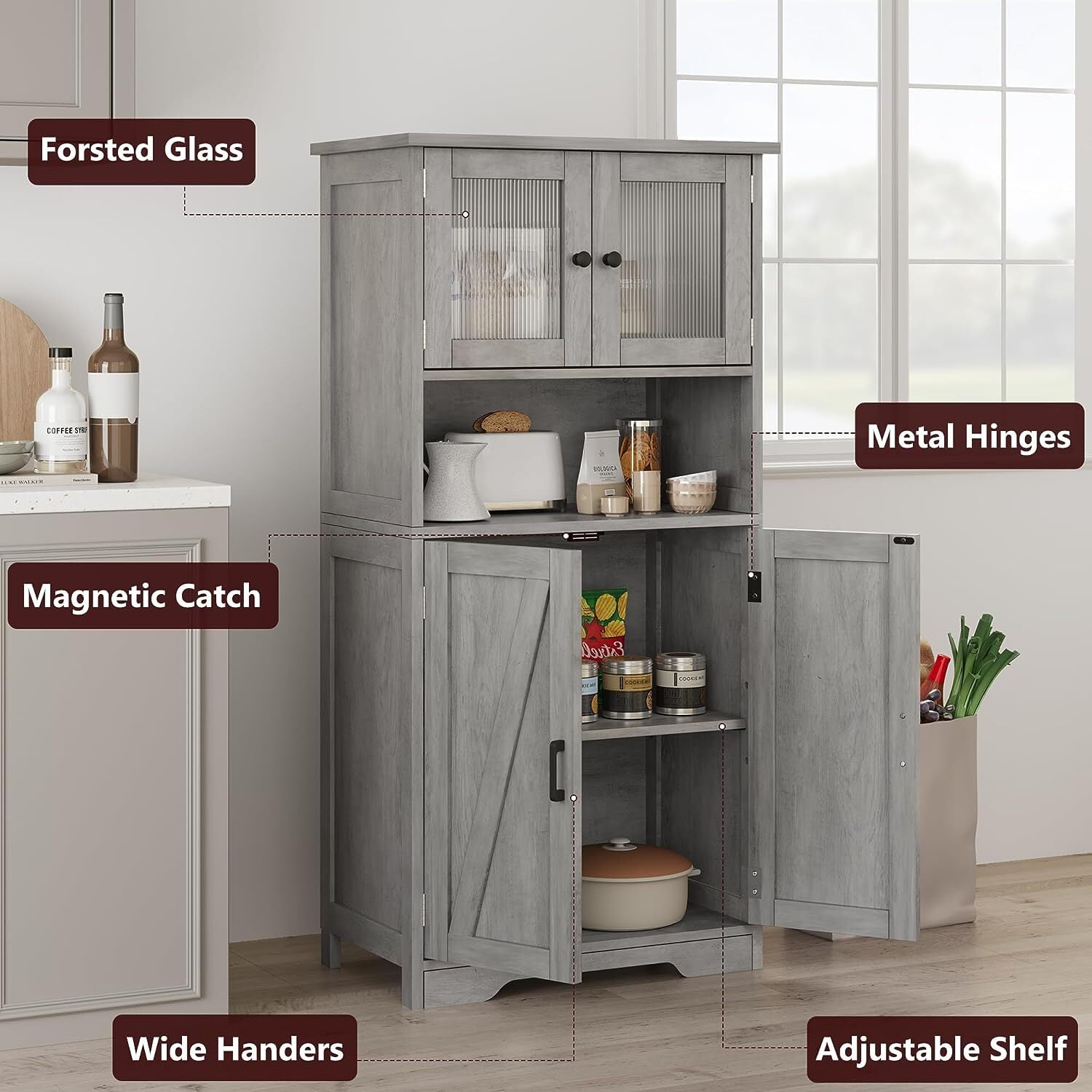 HOSSLLY Double Bathroom Storage Cabinet, Floor White Wooden Linen Cabinet with Shelves and Glass Doors, Kitchen Cupboard, Grey