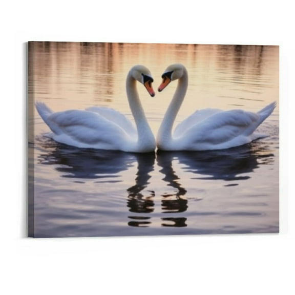 Creowell Canvas Framed Wall Art Romantic two swans on a lake Print Pictures Poster Paintings for Bedroom Office Living Room Artwork Nature Wall Decor 20x16Inch