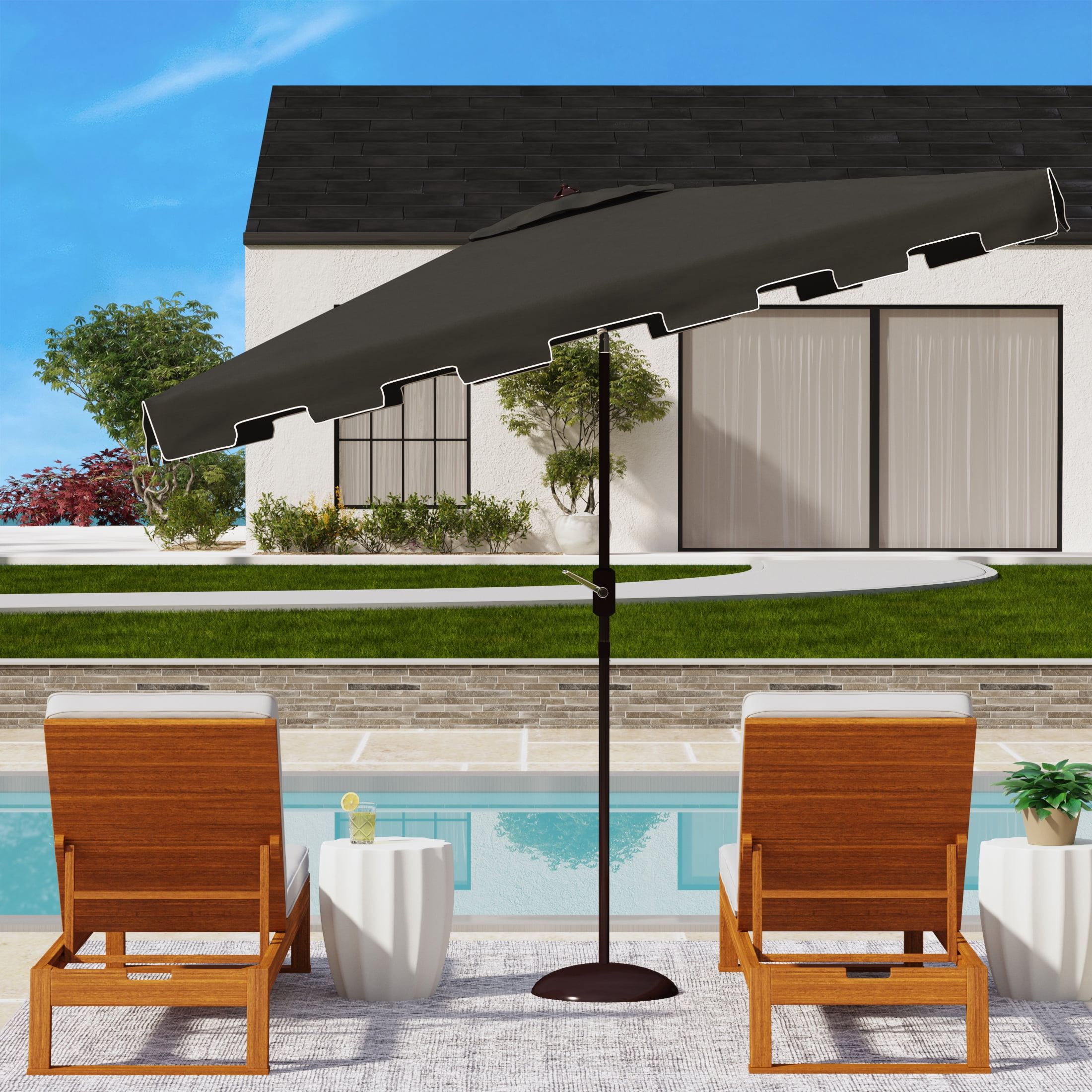 SAFAVIEH Zimmerman 6.5' X 10' Market Crank Patio Umbrella, Black/White