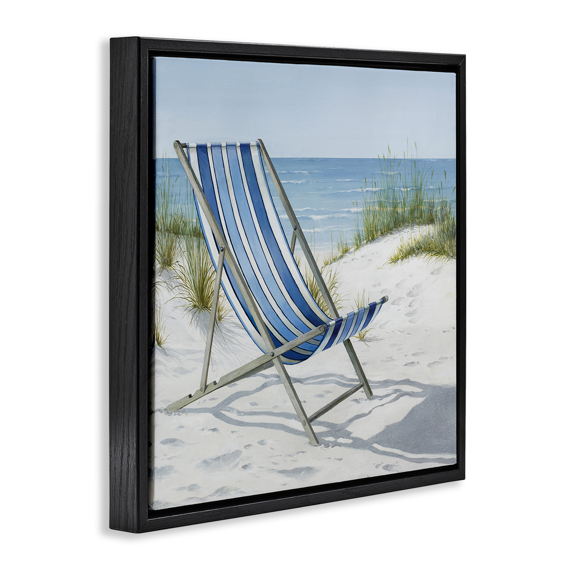 Stupell Industries Tranquil Beach Chair Landscape Painting Black Floater Framed Canvas Art Print Wall Art, 18 x 18