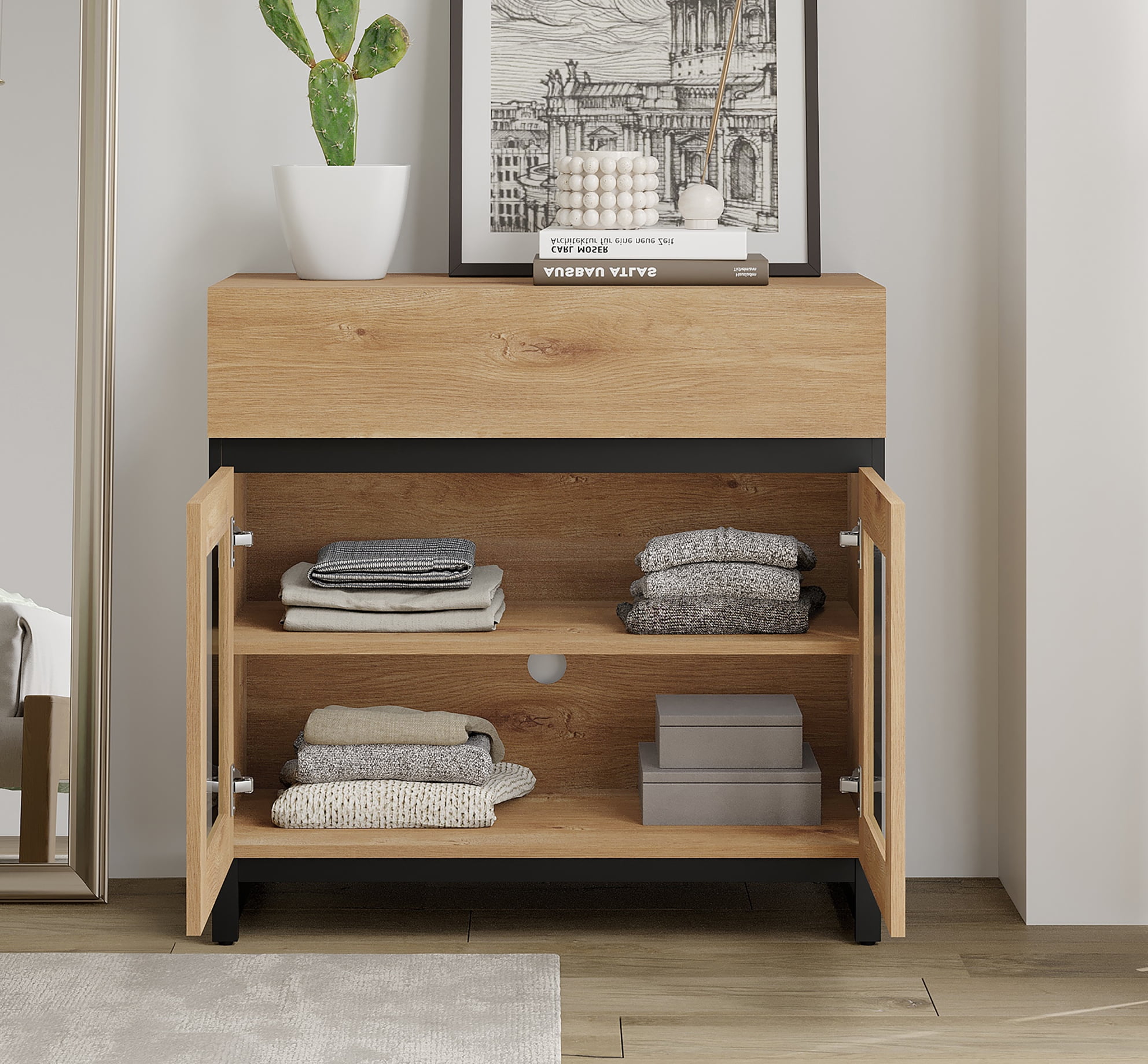3 In 1 Dresser with Glass Doors & 7 Drawers, Modern Storage Chest with Adjustable Shelf and Metal Base, Multi-purpose Bedroom Closet Organizer Cabinet,Oak