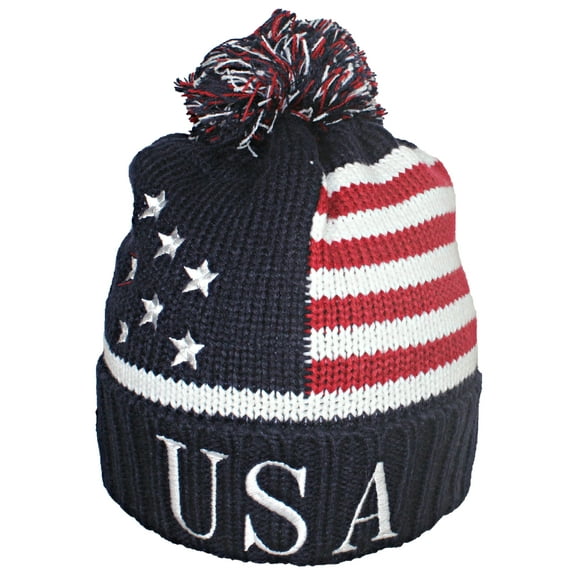 Best Winter Hats American Flag Beanie Embroidered USA Centurion Font W/Pom Pom - Navy/White