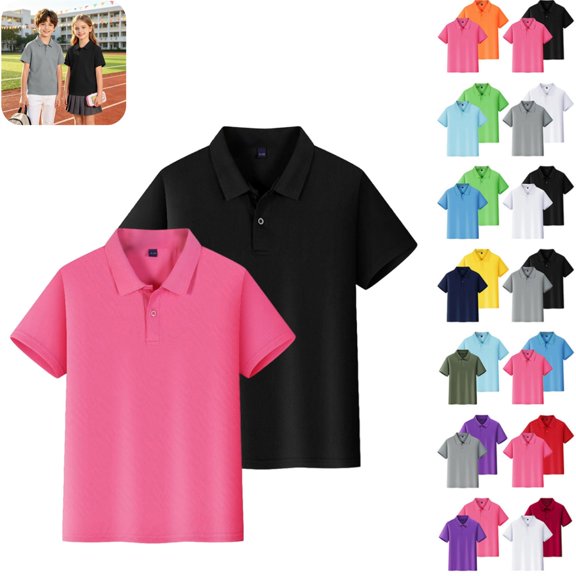 2PC Kid Polo Shirts School Uniform Loose Fit Back To School Short Sleeve Button Up Tshirts Comfy Solid Color Pullover for Boys & Girls Pink 8-9 Years