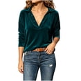 thumbnail image 2 of thefmos Women's V Neck Collared Long Sleeve Velvet Blouse Loose Fit Solid Color Casual Top Fashion Fall Winter Outfit, Army Green XL, 2 of 7