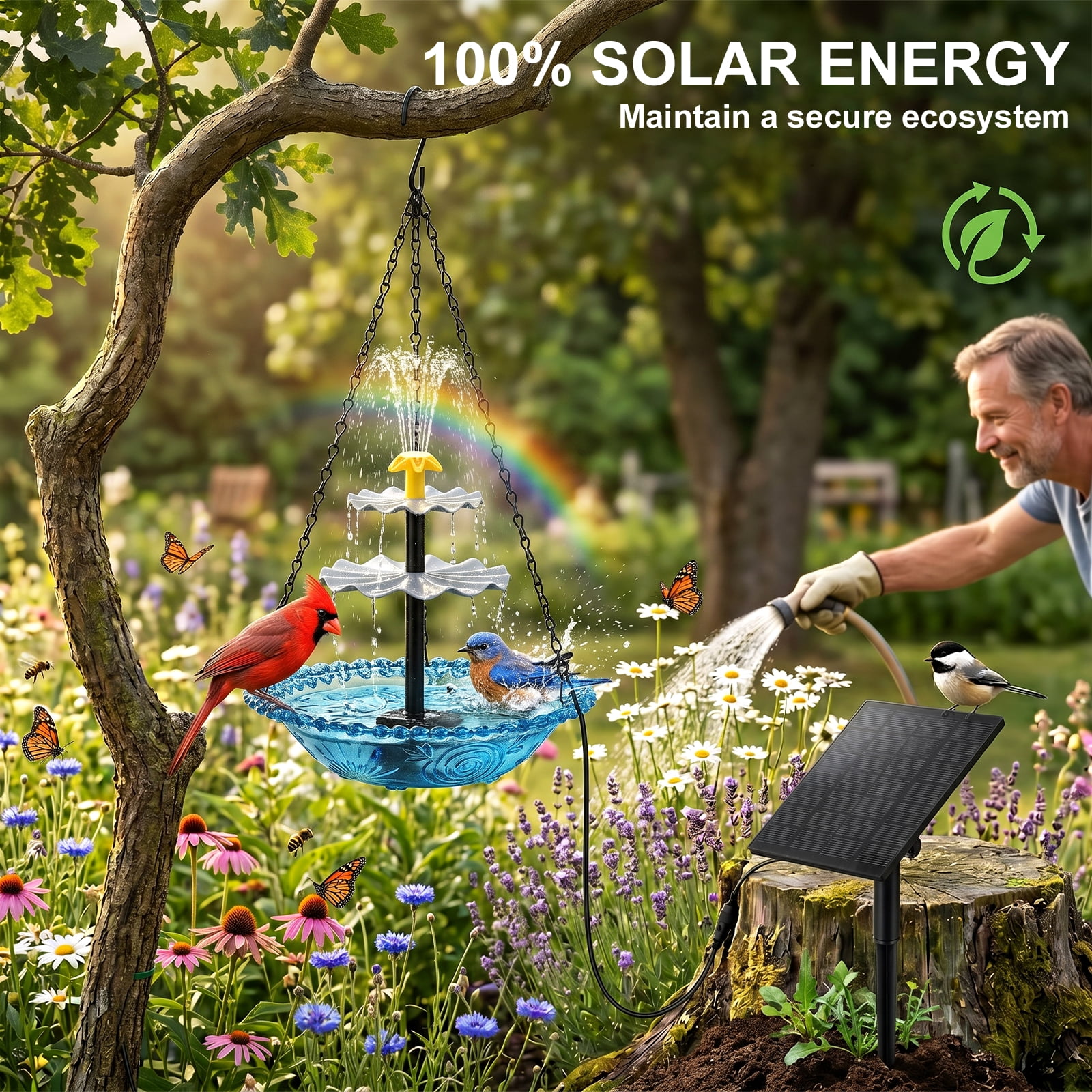 Threns Hanging Solar Bird Bath Fountain Solar Power Outdoor Water Fountain Hanging with Flowing Water Decorative Garden Yard Patio Bird Bath Fountains