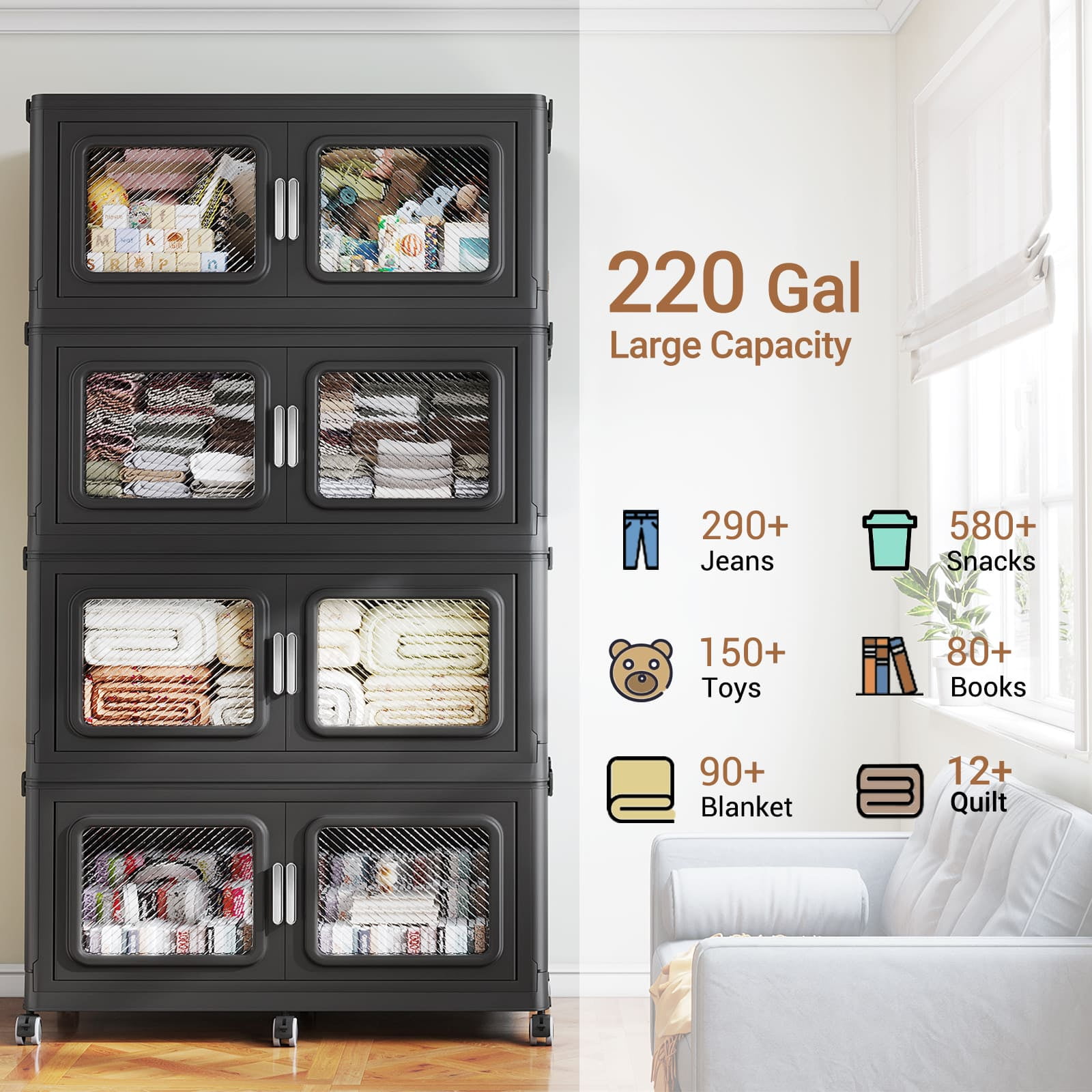 Broview Extra Large Stackable Storage Bins 440 Gal Black, Stackable, Collapsible Storage Box with Front Door, Lids and Wheels - 1666 L - 1760Qt- for Home Organization