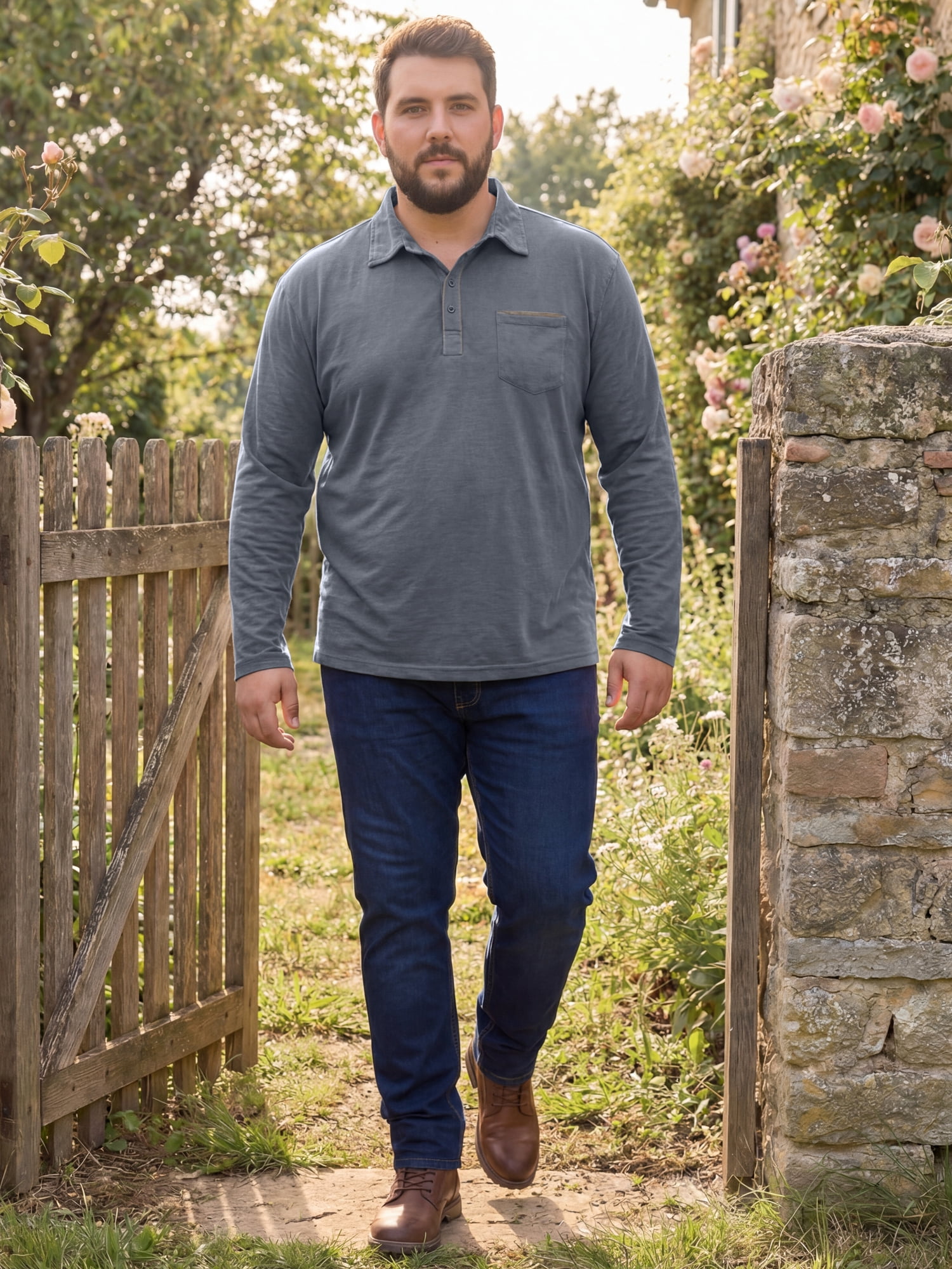 DARING DIVA Men's Big Tall Chest Pocket Long Sleeve Business Polo Shirt 3XL Gray