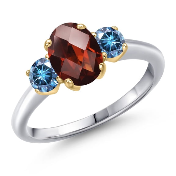 Gem Stone King 925 Silver and 10K Yellow Gold Red Garnet and Persian Blue Moissanite Engagement Ring for Women | 1.99 Cttw | Oval Checkerboard 8X6MM | Gemstone January Birthstone | Size 6