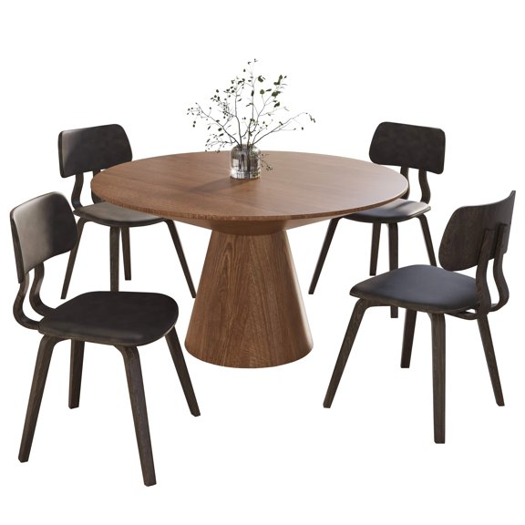 LeisureMod 5-Piece Dining Set Round Dining Table in Natural Wood and 4 Leather Dining Chairs for Modern Home, Kitchen Fynix Collection