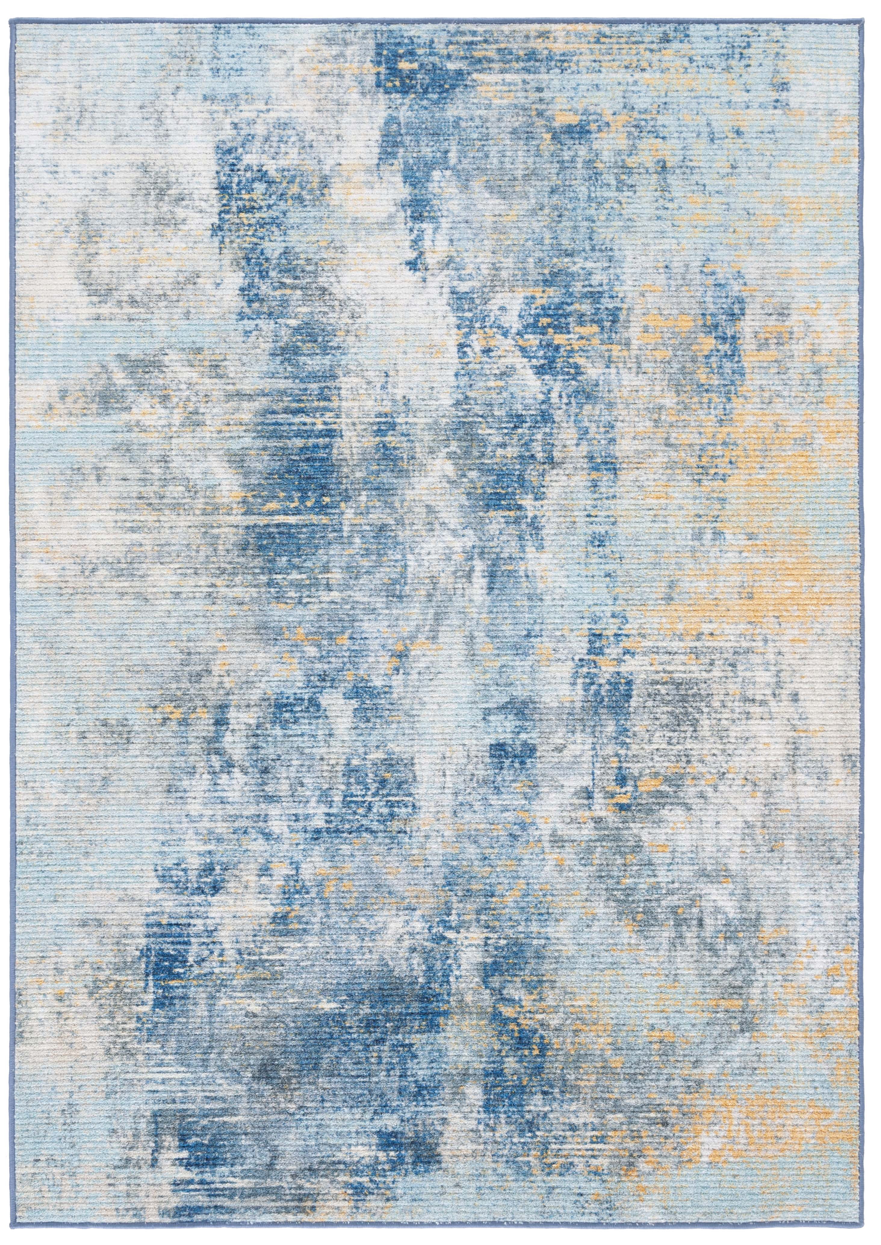SAFAVIEH Sequoia Utica Abstract Polyester Machine Washable Area Rug, Ivory Blue/Gold, 5'5" x 7'6"