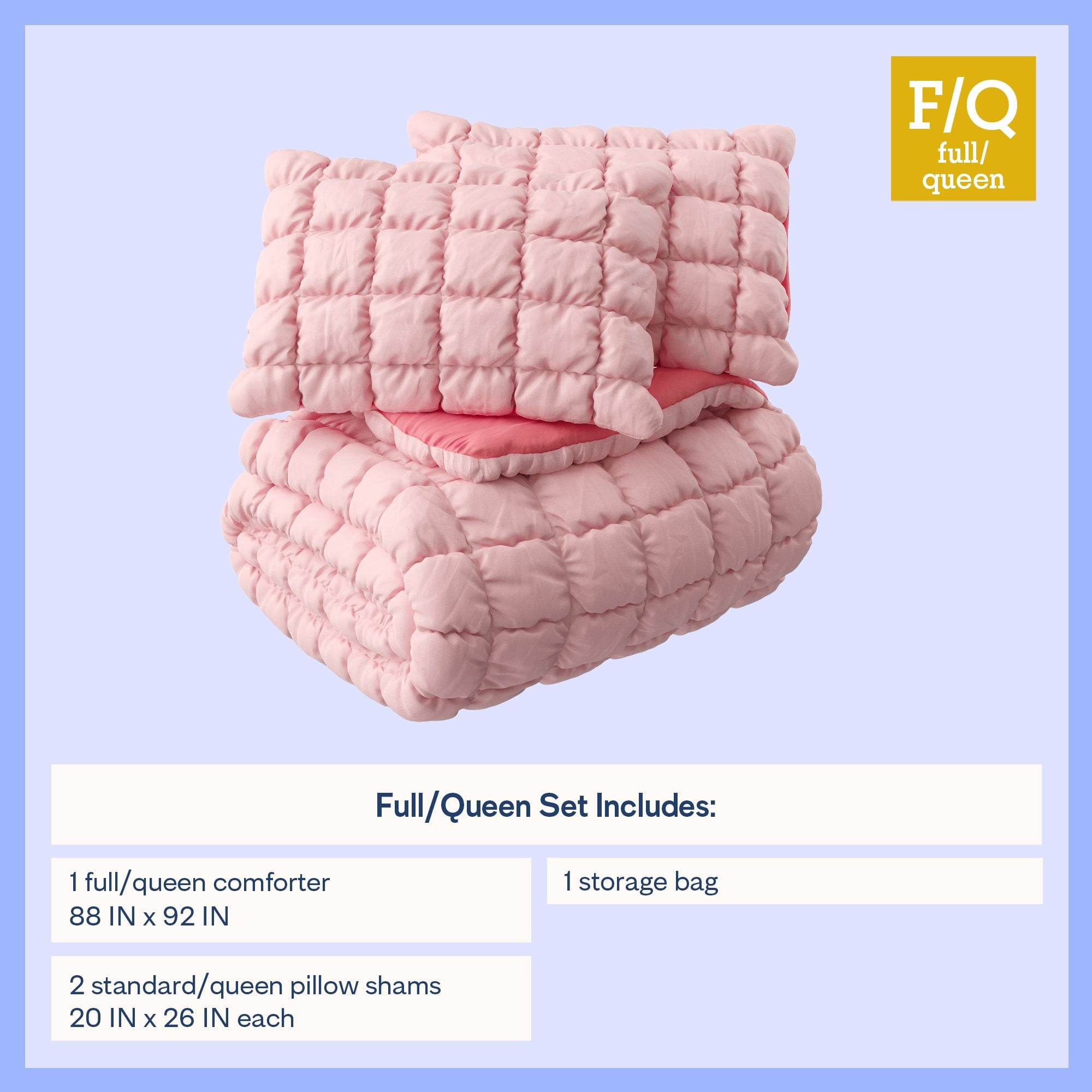 Mainstays Kids Pink Solid Puffy Comforter Set, Full/Queen, 3 Pieces