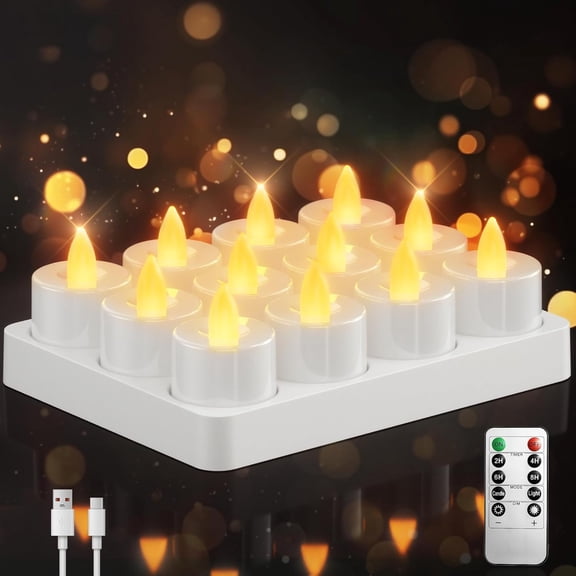 12pcs Flameless LED Tea Lights Candles with Remote Control, Timer and Charging Base, USB Rechargeable Votive Candles for Lantern, Pool, Weddings, Christmas Decor and Emergency Use, White