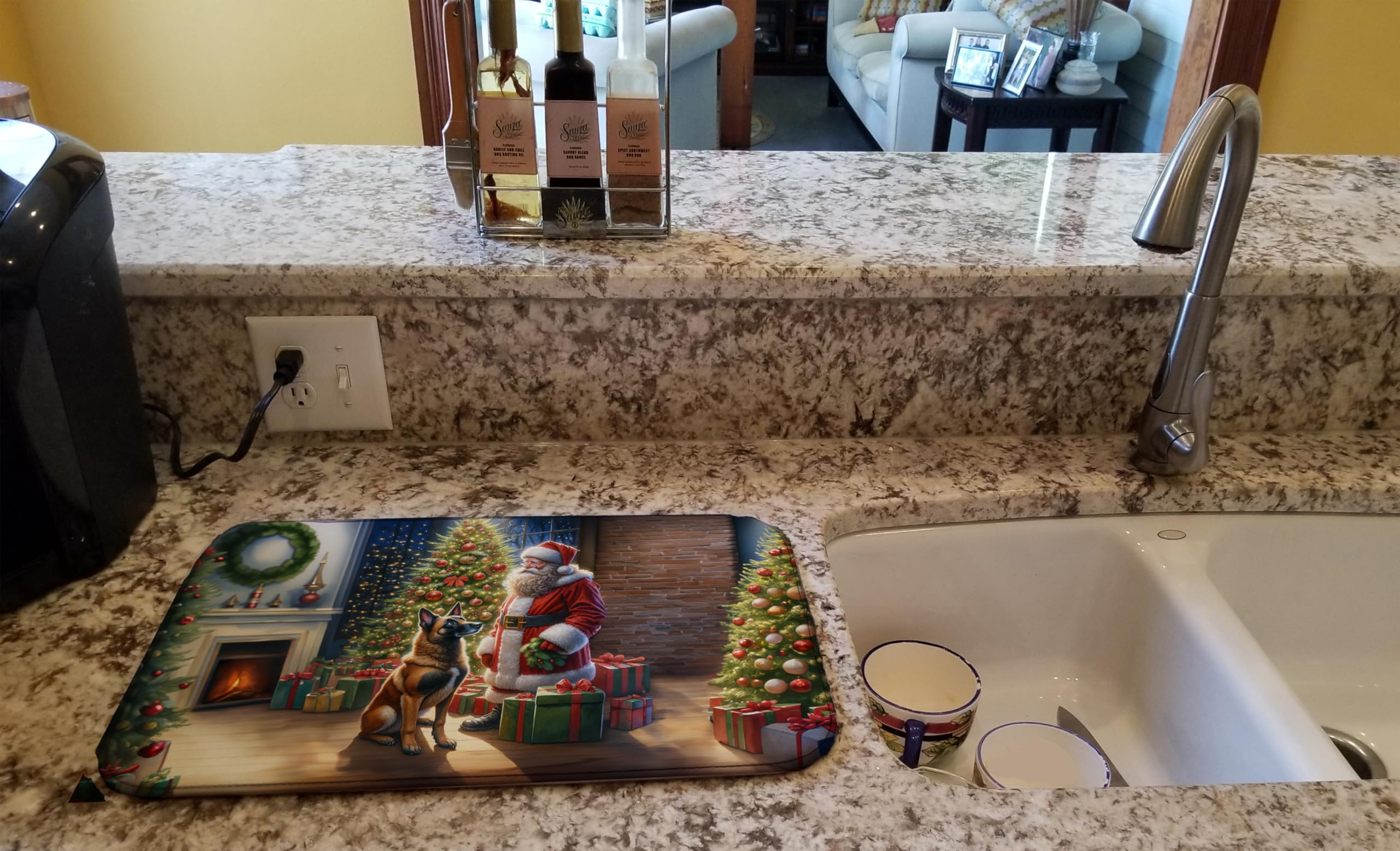 Belgian Malinois and Santa Claus Dish Drying Mat 14 in x 21 in