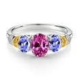 thumbnail image 2 of Gem Stone King 925 Sterling Silver and 10K Yellow Gold Oval Pink Created Sapphire Blue Tanzanite and White Diamond 3 Stone Ring for Women (2.58 Cttw, Gemstone September Birthstone, Size 5), 2 of 3