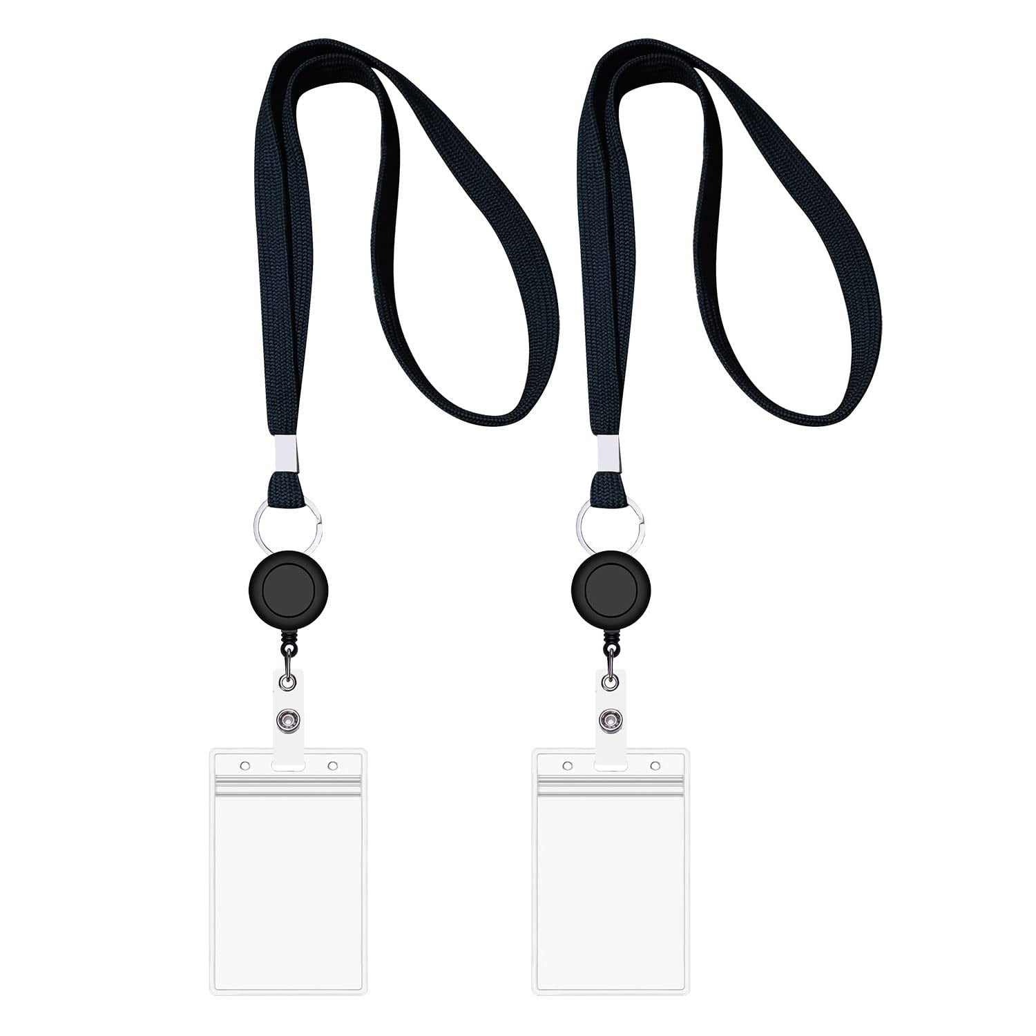 Lanyard with ID Holder Sets (Black,2 Pack)- Flat Polyester ID Lanyard with  Retractable Badge Reel & Vinyl Name Badge Holder 