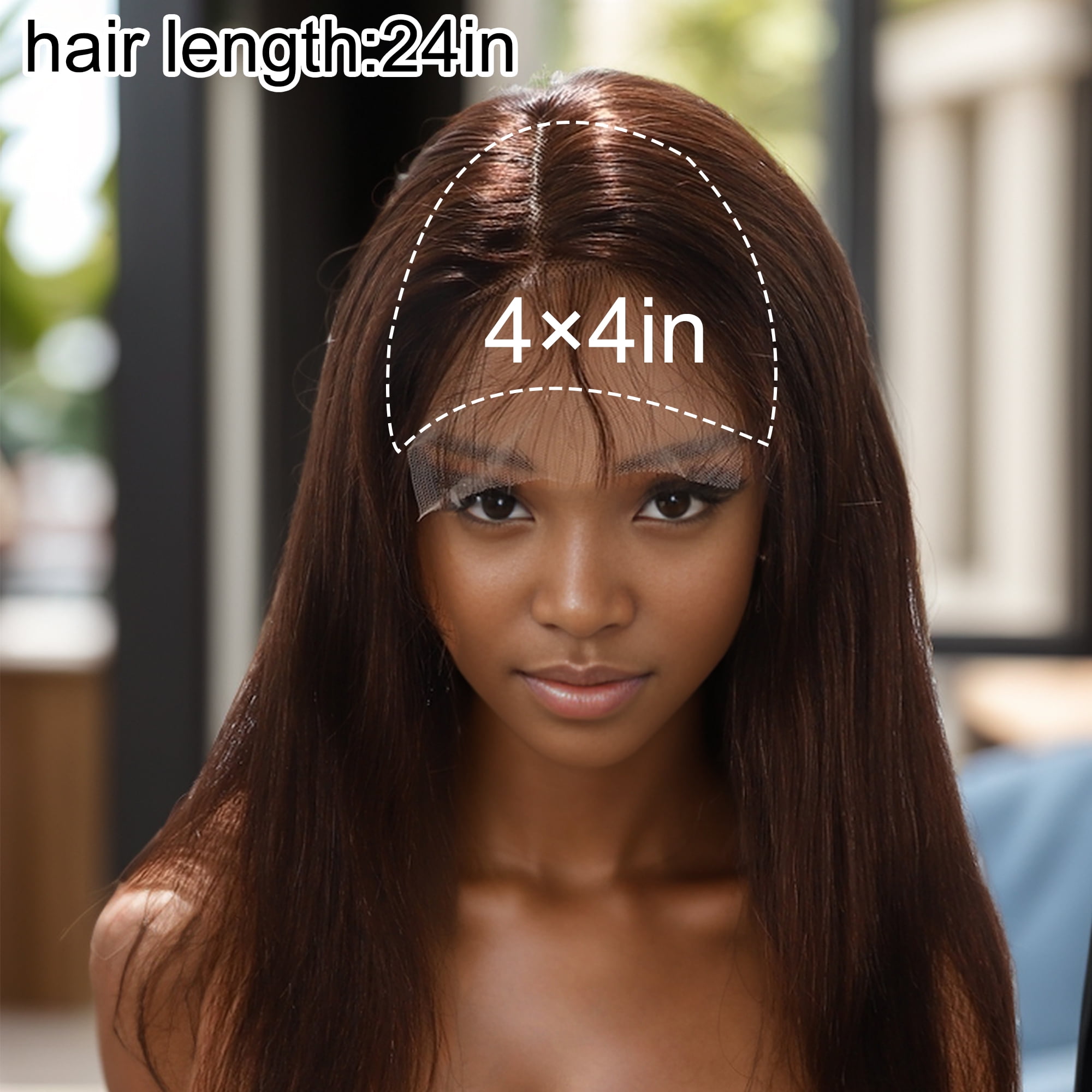Unique Bargains 1 Pc Straight Long Hair Hair Wig Real Human Hair 24in 4x4in 180 Human Wig for Women Deep Brown