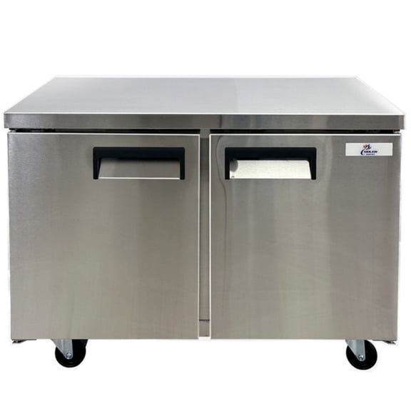 48" Under Counter Commercial Refrigerator, 2 Door Stainless Steel Worktop Fridge with 2 Shelves, 47.2"W x 29.5"D x 35.2"H