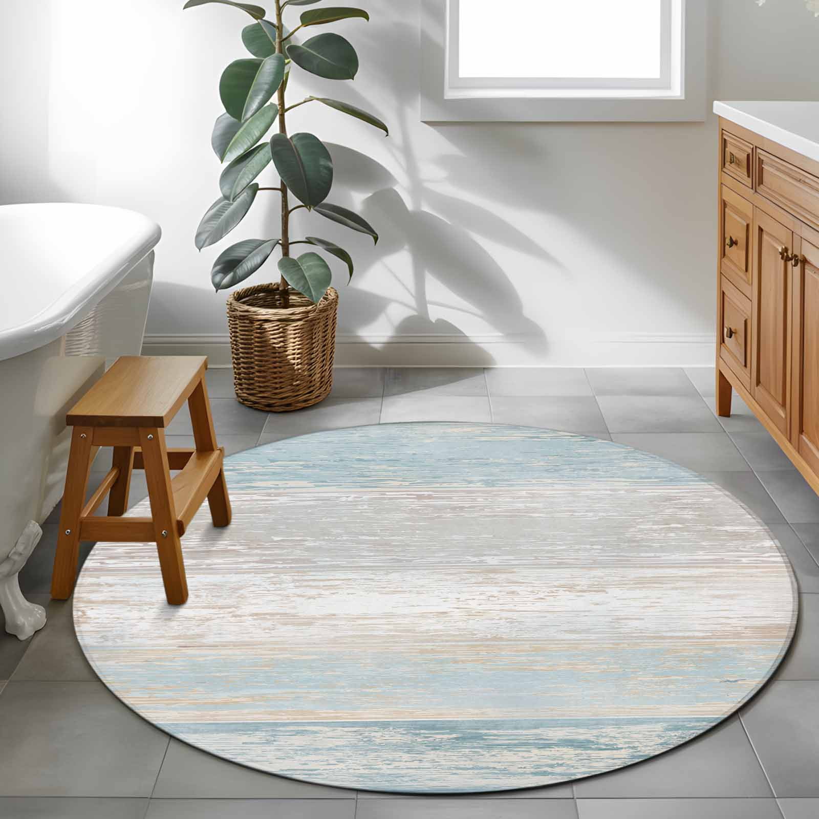 Blue Beige Farmhouse Round Area Rug 4 FT, Non Slip Indoor Outdoor Rug, Vintage Wooden Striped Washable Soft Circular Carpet Non-Shedding Floor Mat for Coffee Table Nursery Foyer Balcony