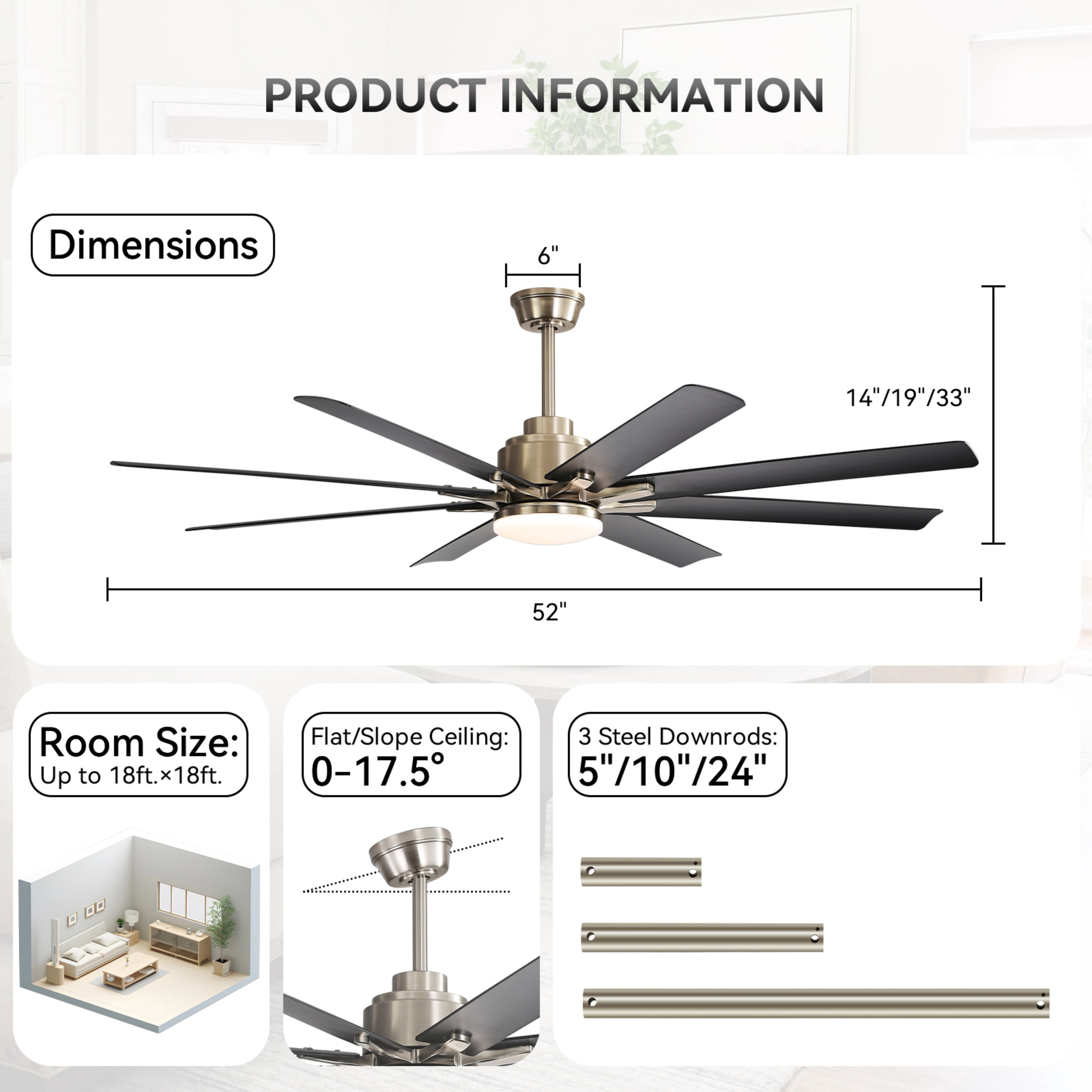 Sofucor 52" Modern Black Ceiling Fan with Light ,Phone APP and Remote,Voice Control